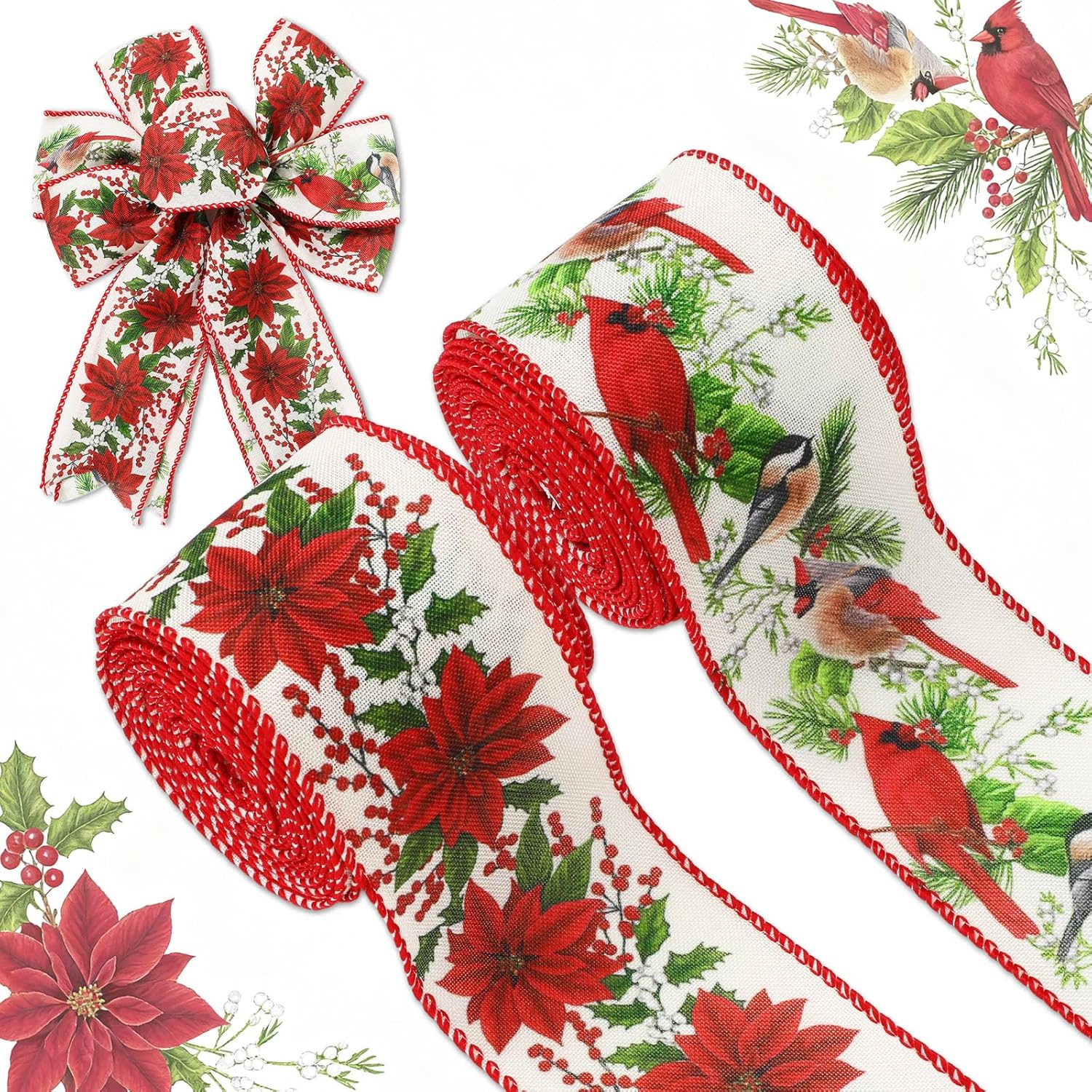 TEMU 2 Rouleaux de Ruban de Bord Filé de Noël, 2,5 pouces de Large, avec Tissu de Poinsettia de Noël et d'Oiseau Cardinal, Idéal pour les Décorations