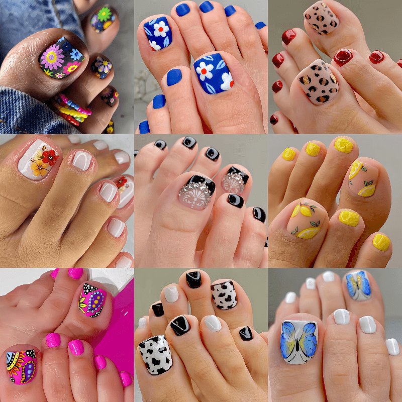 TEMU 215pcs Fake Toenails - Short Square Press-on Tips, 9 Different Including Floral, Leopard, Lace, Lemon, Cow Print And , Glossy Full-cover Toenail
