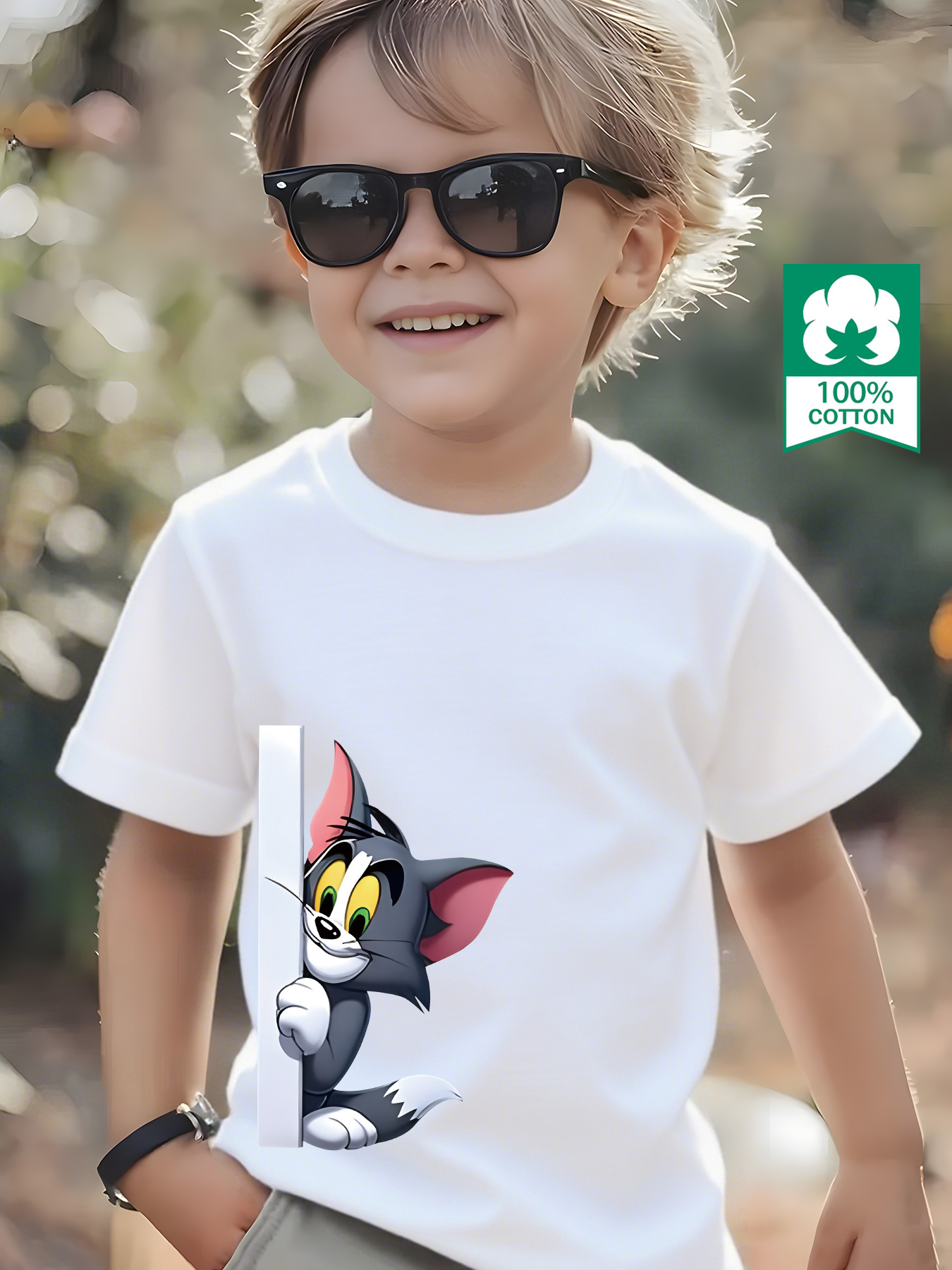 100% Pure Knitted Short-Sleeve T-Shirt, Breathable And Sweat-Absorbing, a Casual And Versatile Round-Neck Short-Sleeve Top for Boys, Featuring a Cute TOM And JERRY Cartoon Print, Machine Washable - Available in 10 Options, Sweat-Resistant