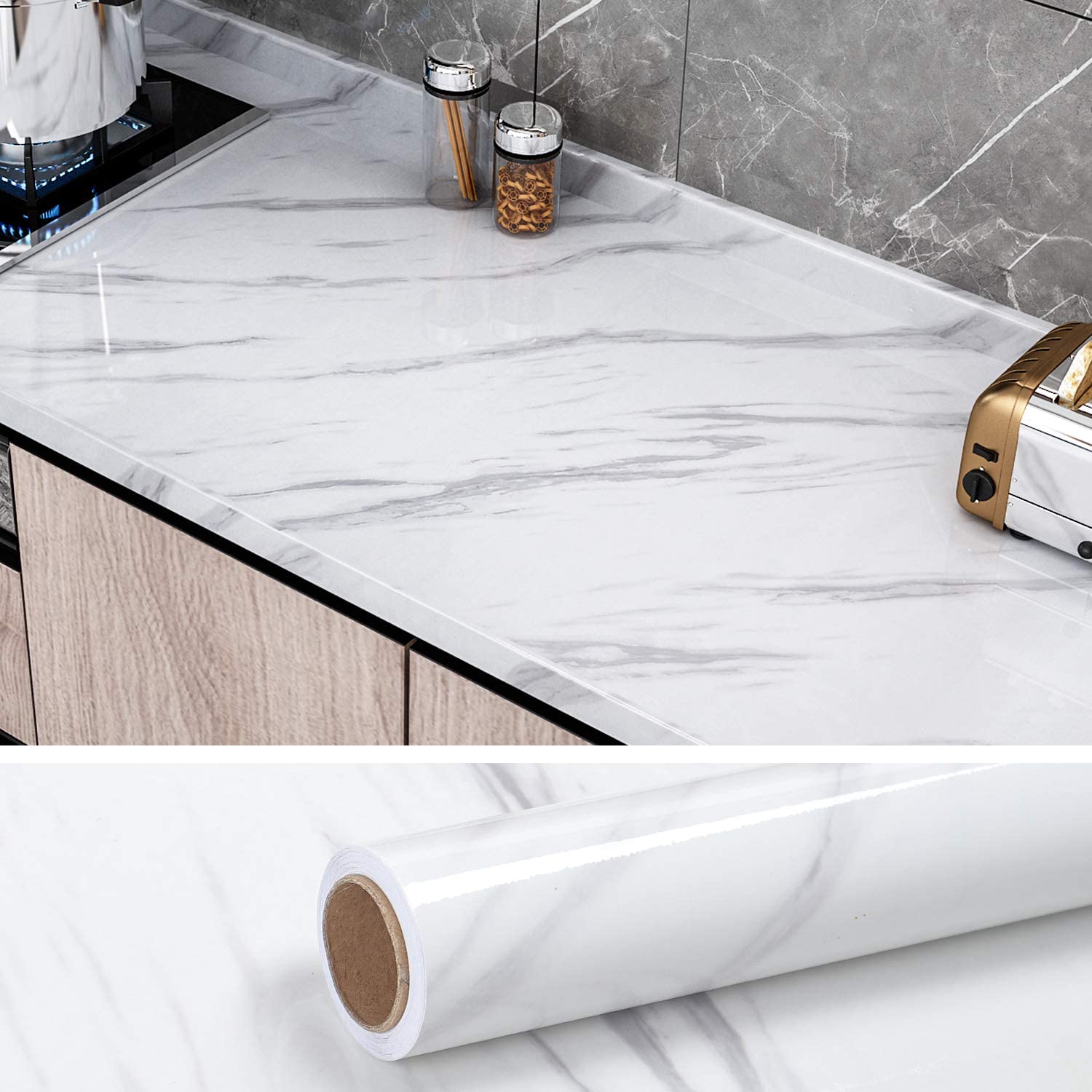 Self-adhesive Furniture Film (60cm X 5m) - For Kitchen, Cabinets, Dining Table & Wall Protection | & Stick With Marble Look For Quick Diy Renovation | Oil-proof & Scratch-resistant For