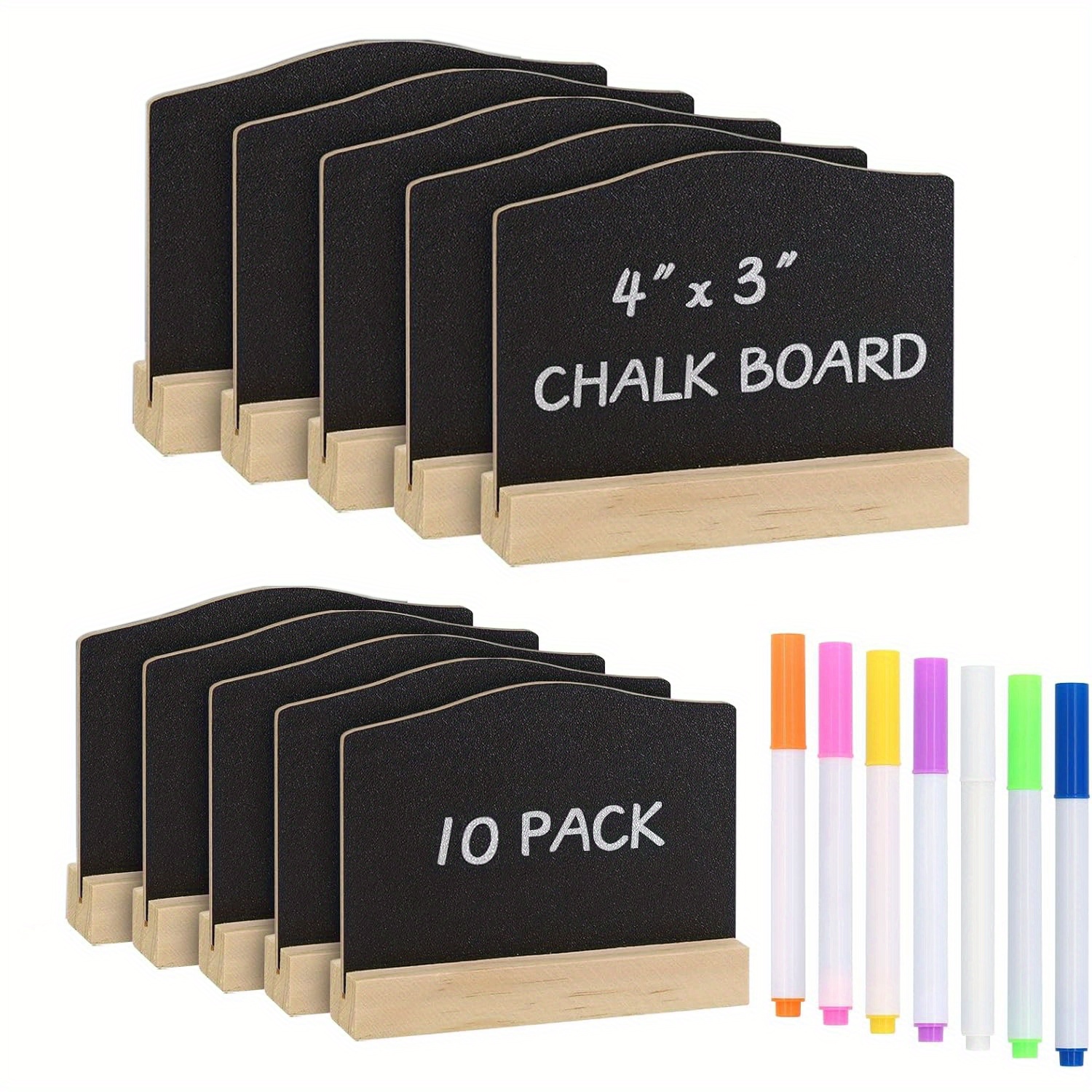 10pcs Mini Chalkboard Signs with Stands &amp; 7 Color Markers - 4x3&quot; Reusable Wooden Tabletop Signs for Parties, Weddings, Restaurants &amp; Bars