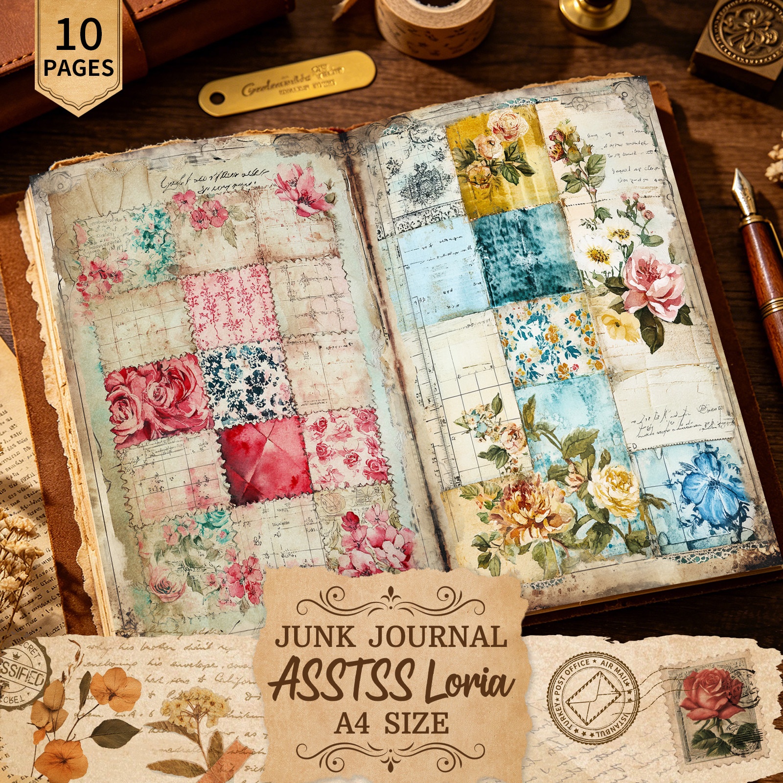 TEMU 10 Sheets Asstss Handcrafted Junk Journal Paper - A4 Vintage Scrapbooking Paper Suitable For Junk Journals, Planner Stickers, Card Making,