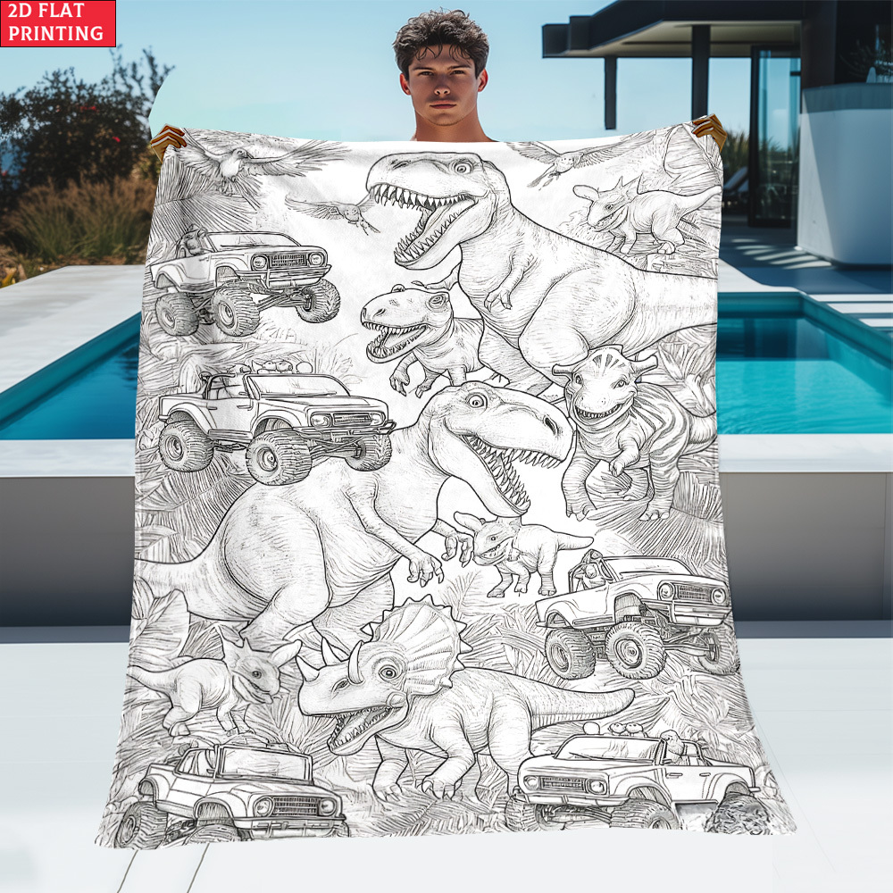 TEMU 2d Flat 1pc Dino Scene Sketch Ultra Soft Lightweight Flannel Blanket-cozy Warm Throw For Camping Travel, Holiday Gift For Ones, Use On Sofa Bed