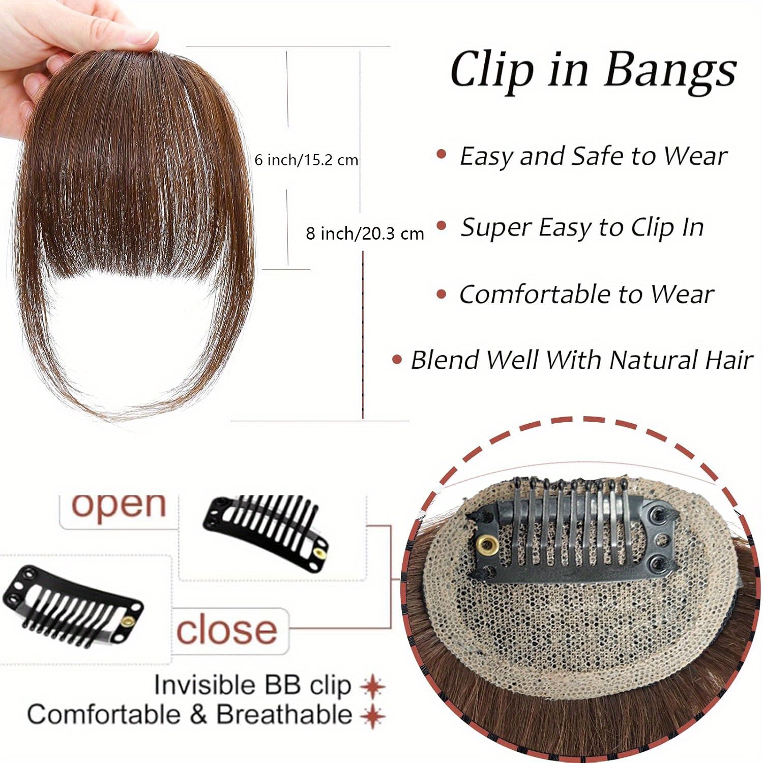 bangs hair clip for women straight hair clip in bangs with sideburns and no sideburns mixed packaging 100 human hair piece details 3
