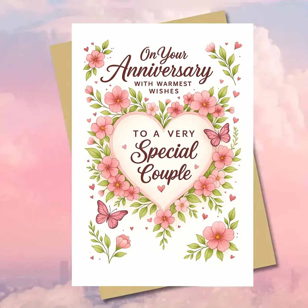 TEMU 1pc Floral Heart Special Couple Anniversary Card Greeting Card With Enveloperomantic Design With Pink Flowers Butterflies And Heart Artwork And
