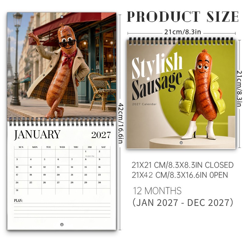 TEMU 2027 Funny Sausage Wall Calendar 12-month Spiral-bound Hanging Calendar With Skateboard Street Style Humor Spacious Writing Blocks Thick Paper