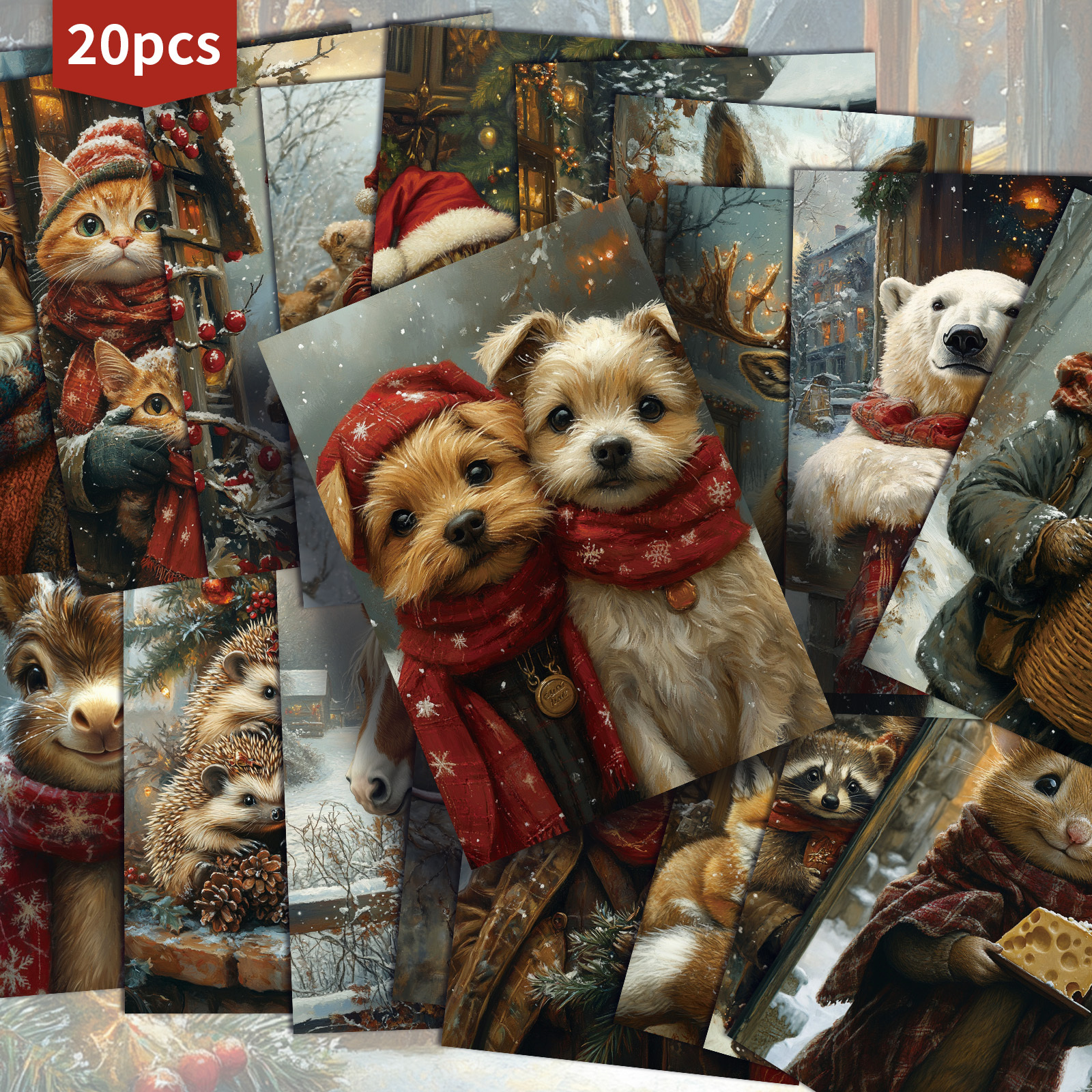 Set Of 20 Retro Christmas Postcards Featuring Unique Animals - 4x6 Inches, Ideal For Junk Journals, Classic Pinup…: retailer-supplied image