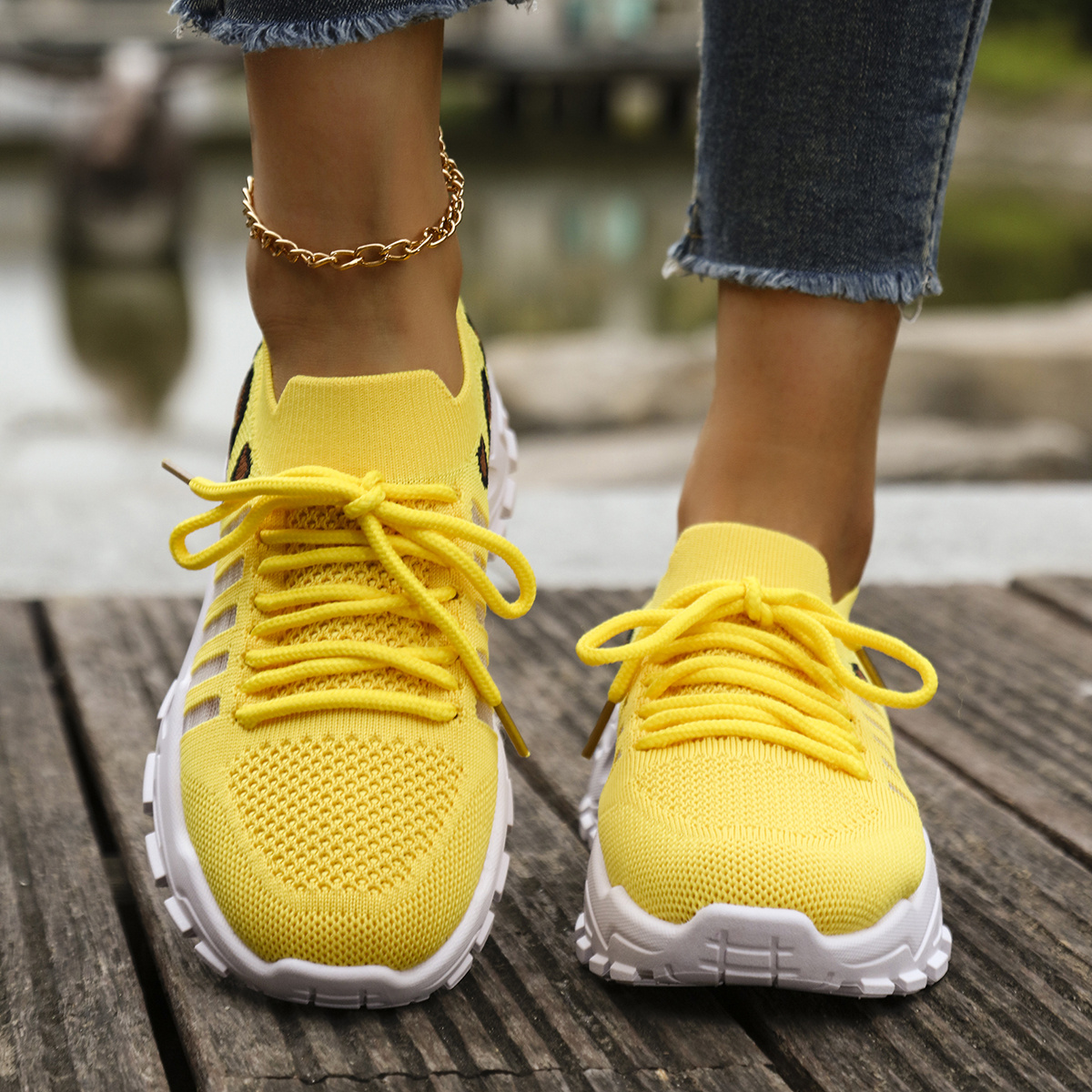womens yellow sneakers breathable thick sole slip lace Temu Bahrain