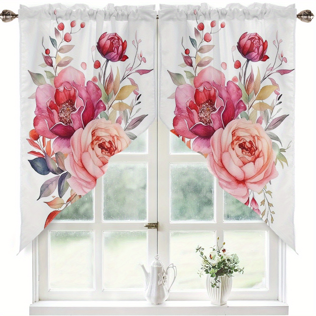E-shop 2 Stück elegante Küchenvorhänge mit Blumendruck - Rosa und rote Rosen-Design mit grünen Blättern, durchsichtige -Vorhangbehandlung für