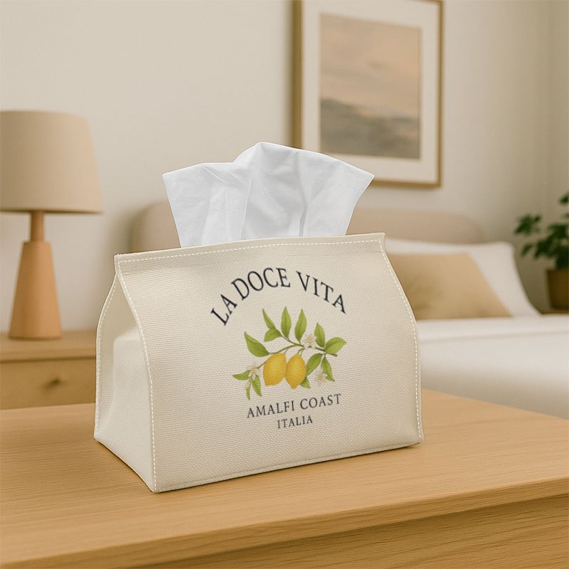 Image of 1pc Small Tissue Cover Vintage Tissue Box Holder - Lemon Amalfi La Vita Design, Party Tissue Box, Multifunctional For Kitchen & Dining, Coffee Table, And Dining Table, Durable Fabric Napkin Organizer