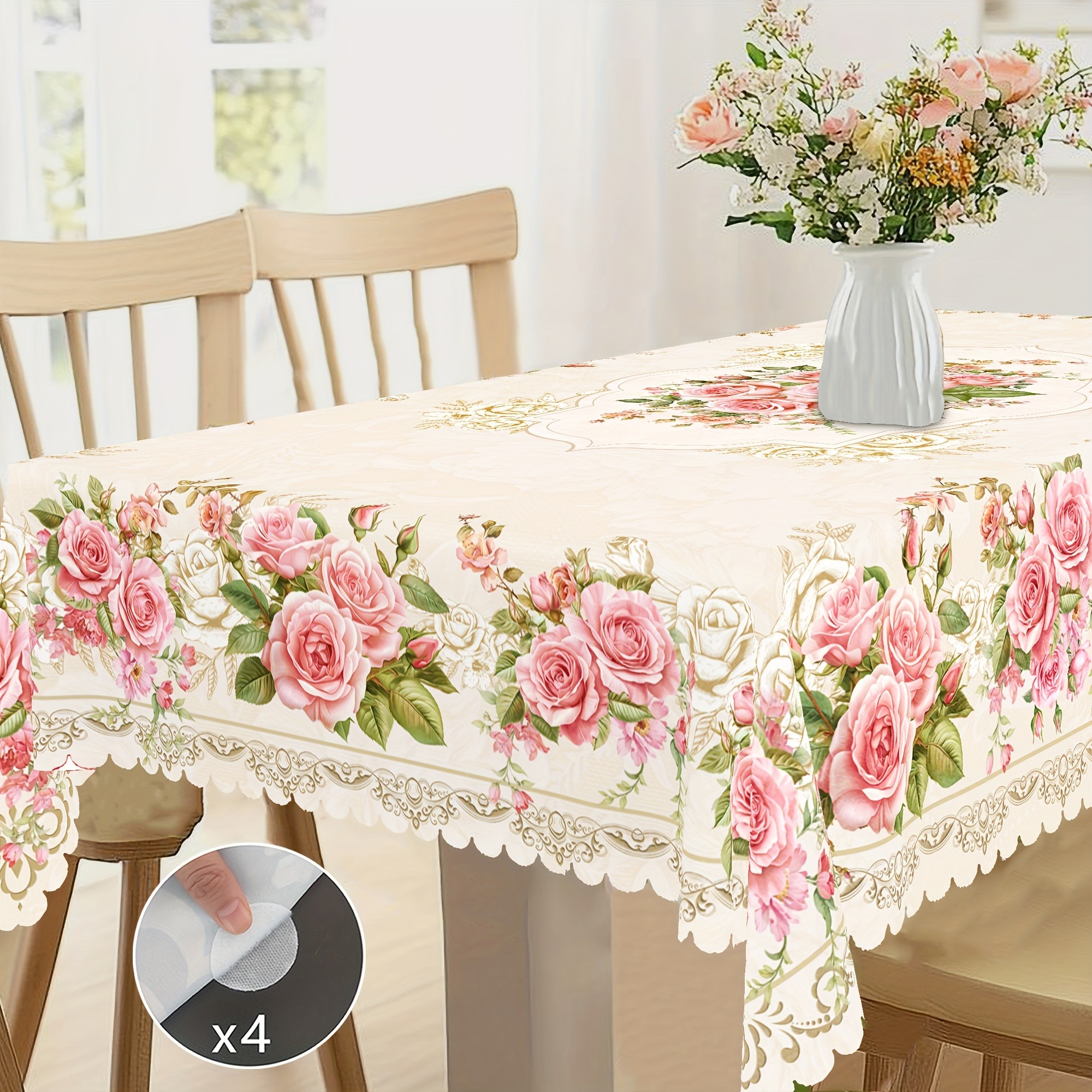 TEMU Tablecloth 1pc With European Retro Rose Floral Pattern, Elegant Suitable For Afternoon Tea, Family Dinners, Holiday Decorations, Polyester