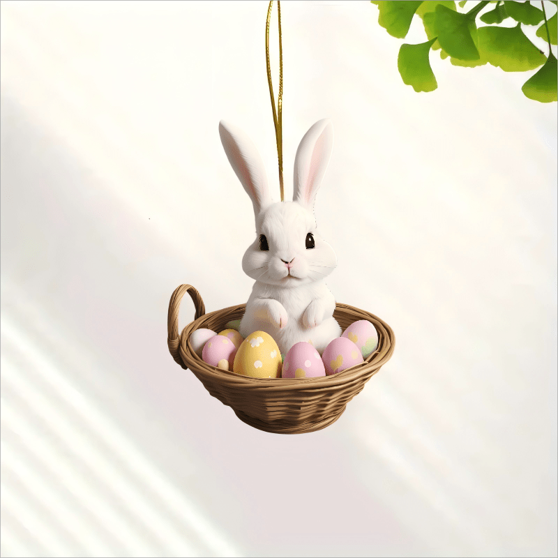 

Acrylic Easter Bunny In Basket Ornament - With Pink Eggs, Golden Hanging Decor For , Ideal Couple's Gift, Rabbit Accessories