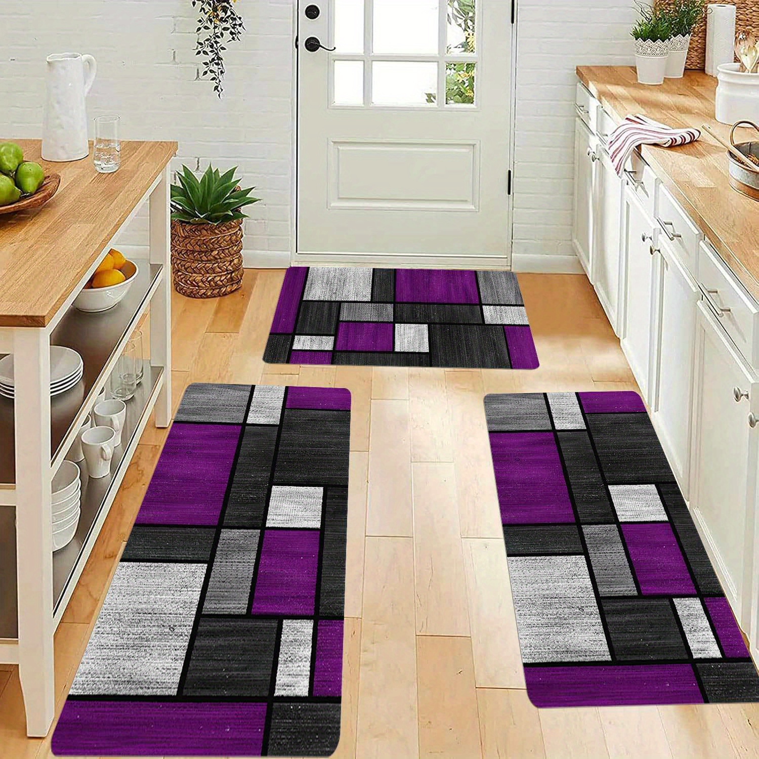 Image of 3pcs Modern Decorative Kitchen Floor Mats, Retro Geometric Pattern Printed Decorative Long Strip Floor Mats, Bar Anti-slip Mats, Kitchen Door Floor Mats, Soft Carpet, Laundry Room Soft Floor Mats