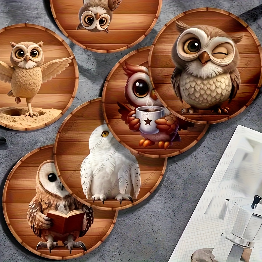 TEMU Ensemble de 6 sous-verres en bois - Tapis de boisson résistants à la chaleur et antidérapants avec 6 mignons de hiboux, lavables à , adaptés ,