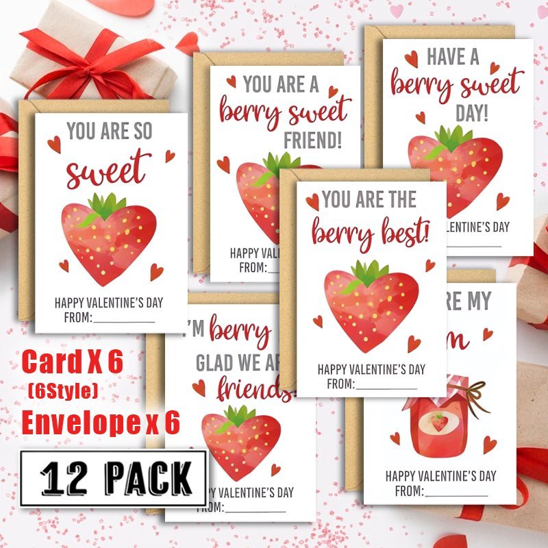 

12-pack Valentine's Day Strawberry Themed Exchange Cards With Envelopes, Assorted Messages , Love & , Animal Pattern, Holiday Greeting Cards For Christmas & Valentine's Day