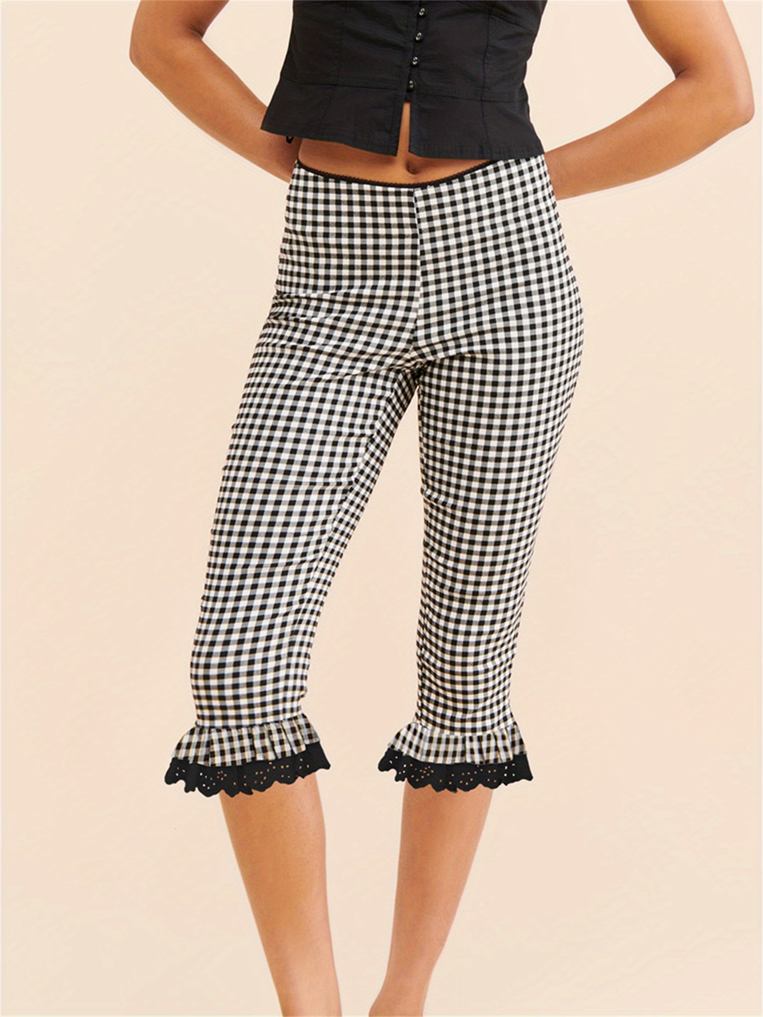 chic black white capri pants lace ruffles stretchy Temu