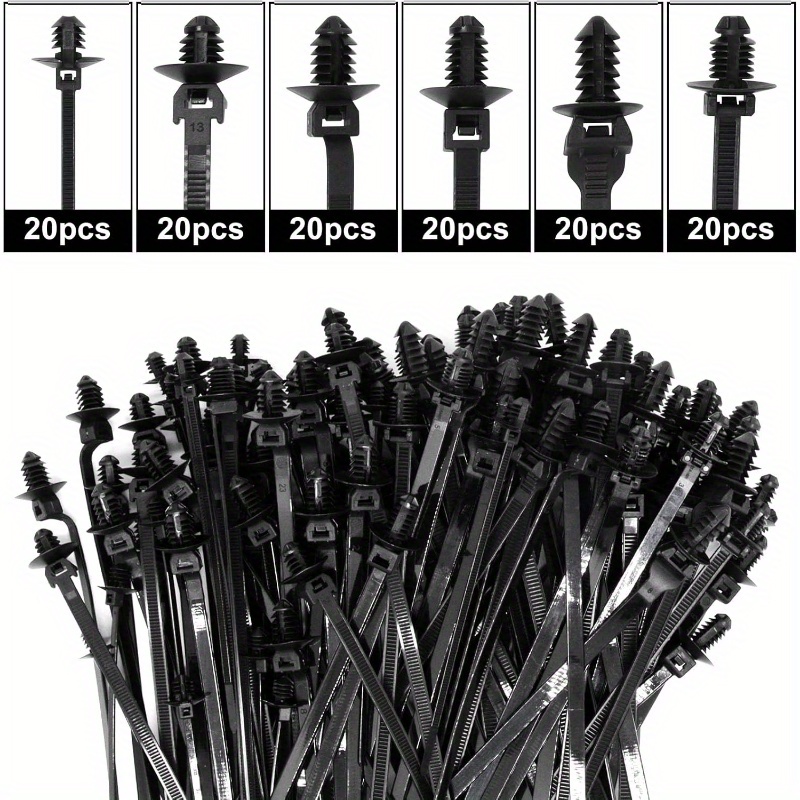 TEMU 60/120pcs Heat-resistant Push-mount Nylon Cable Ties With Locking Pin | 6-size Kit For Automotive Wiring Harness, Engine Bay & Electronics