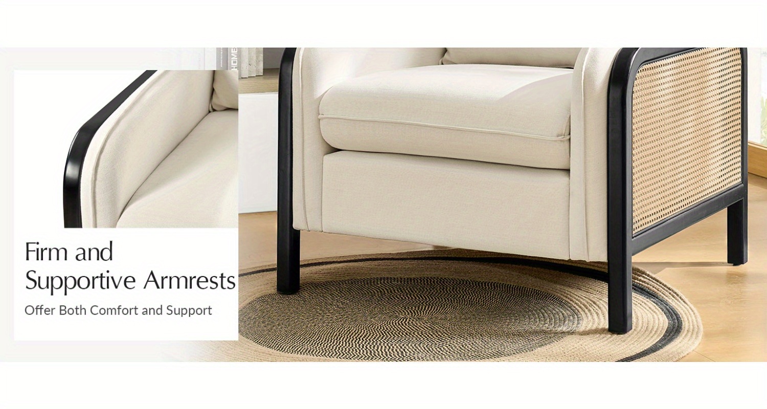 Modern Woven Rattan Accent Chair with Wooden Armrests & Legs - Detachable Cushion, Upholstered Seat, Natural Brown Finish for Living Room, Bedroom, or Makeup Room - Easy Assembly, Durable Polyurethane & Hardwood Construction, Bedroom Seating, Elegant Seating Option, Sturdy Construction, Home Decor Lovers