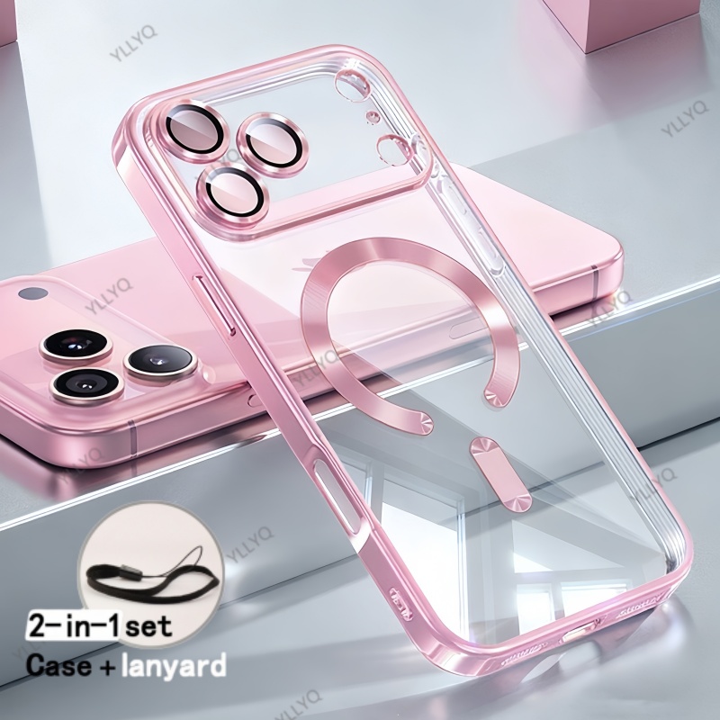 TEMU Phone Case - 2pcs (1 Phone Case   1 Lanyard) Luxury Electroplated Magnetic Transparent Texture Phone Case Suitable For Iphone Air For Iphone 17