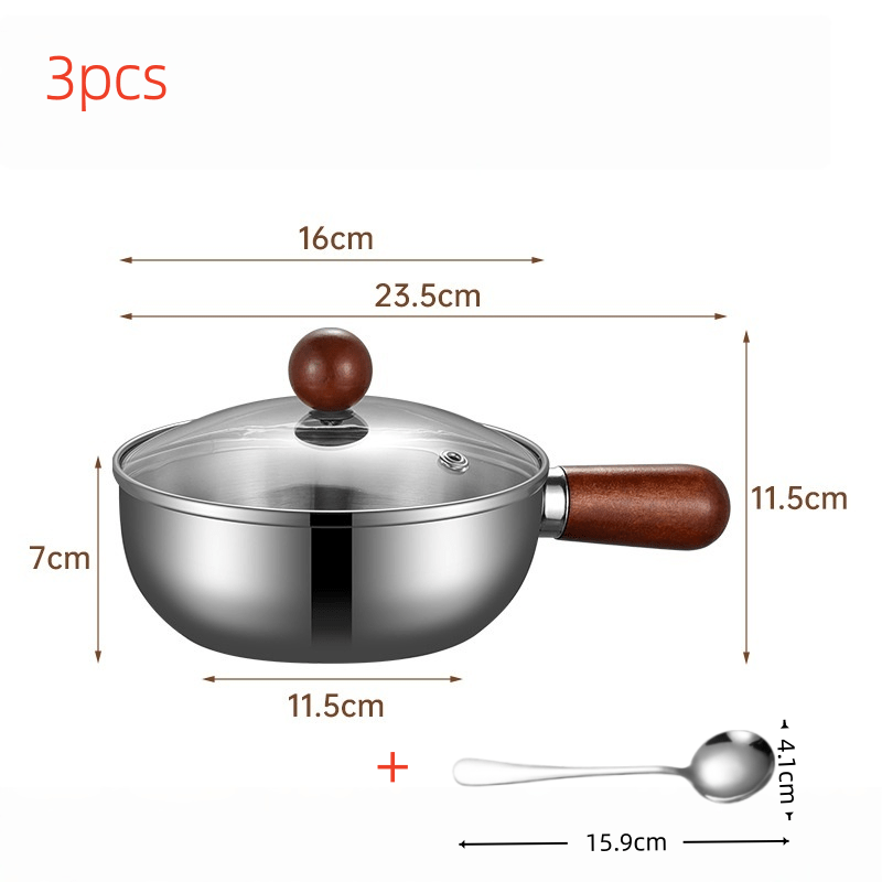 TEMU 3pcs Multi-functional Stainless Steel Pot (with Lid + Spoon) - Milk Boiling Pot, Baby Food Pot, Universal Stove Stainless Steel Pot With Handle,