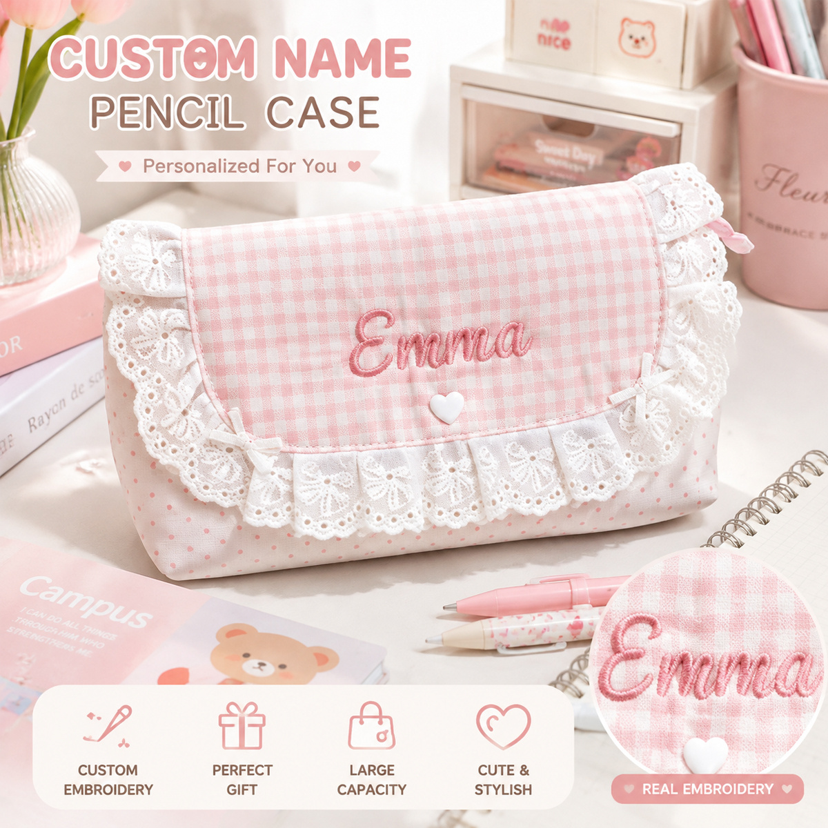 TEMU Estuche para lápices rosa con femenino que se puede personalizar con texto bordado. Es un estuche para bolígrafos que pertenece exclusivamente a