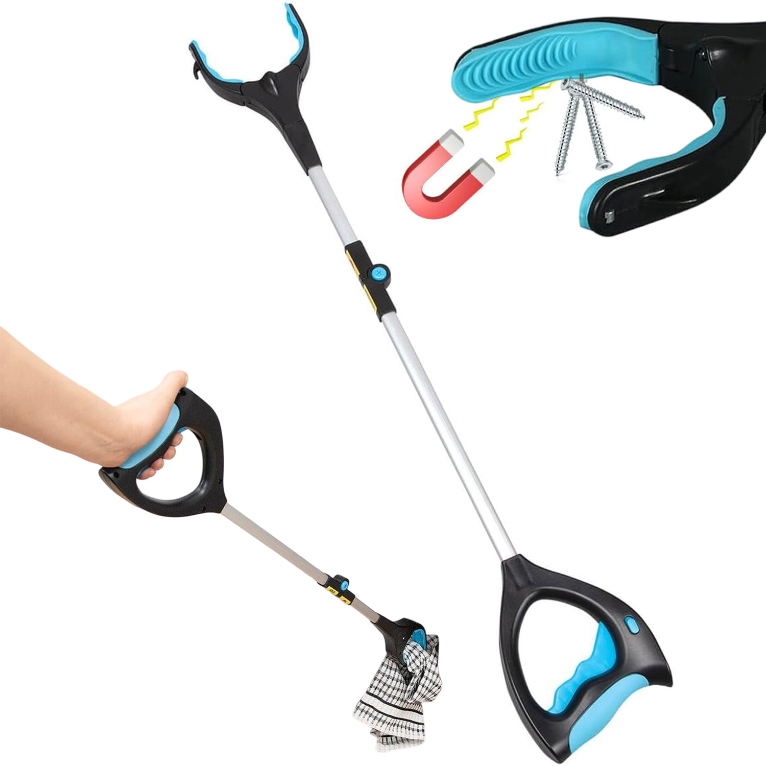 Magnetic Tip Foldable Retractable Picking Tool, Ergonomic Grip Clamp For Home Garage And Outdoor Item Collection