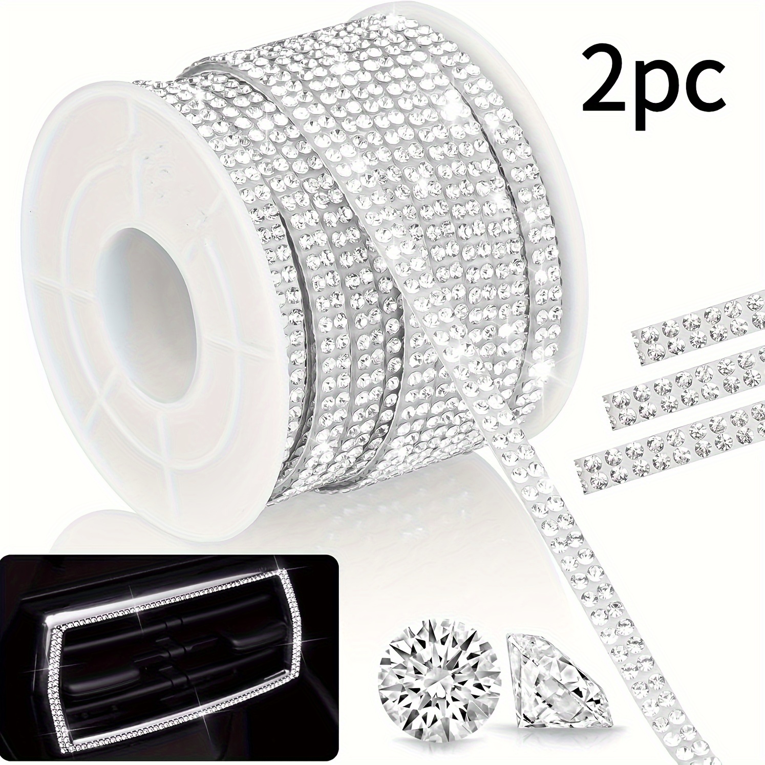 TEMU 2 piezas | 32.8 pies de Cinta de Cristal con Diamantes de Autoadhesiva - Decoración de Diamantes de Vidrio para Interiores de Autos, Ropa,