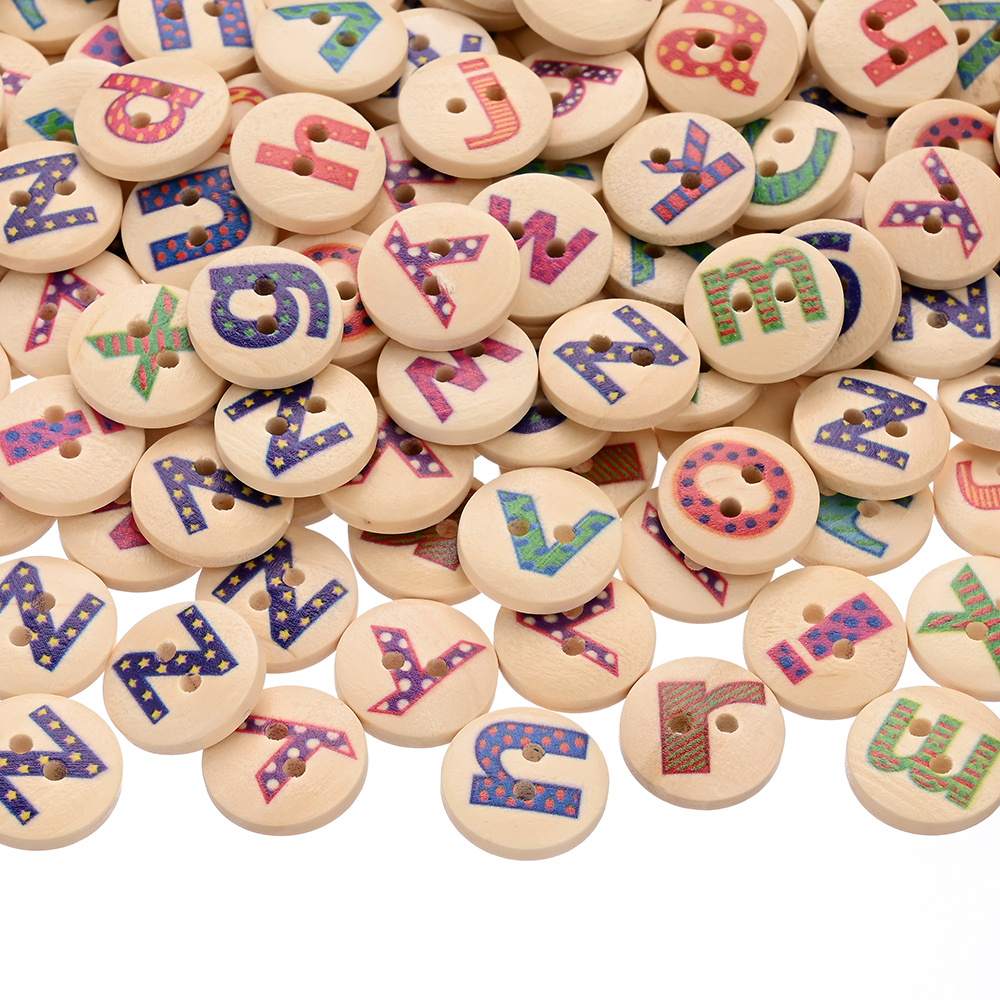 E-shop 100 Stück 15mm Holz Buchstaben Knöpfe, Zufällige Buchstaben - Doppel-Loch Knöpfe, Geeignet für Bastelarbeiten, Mäntel, Hemden, ,