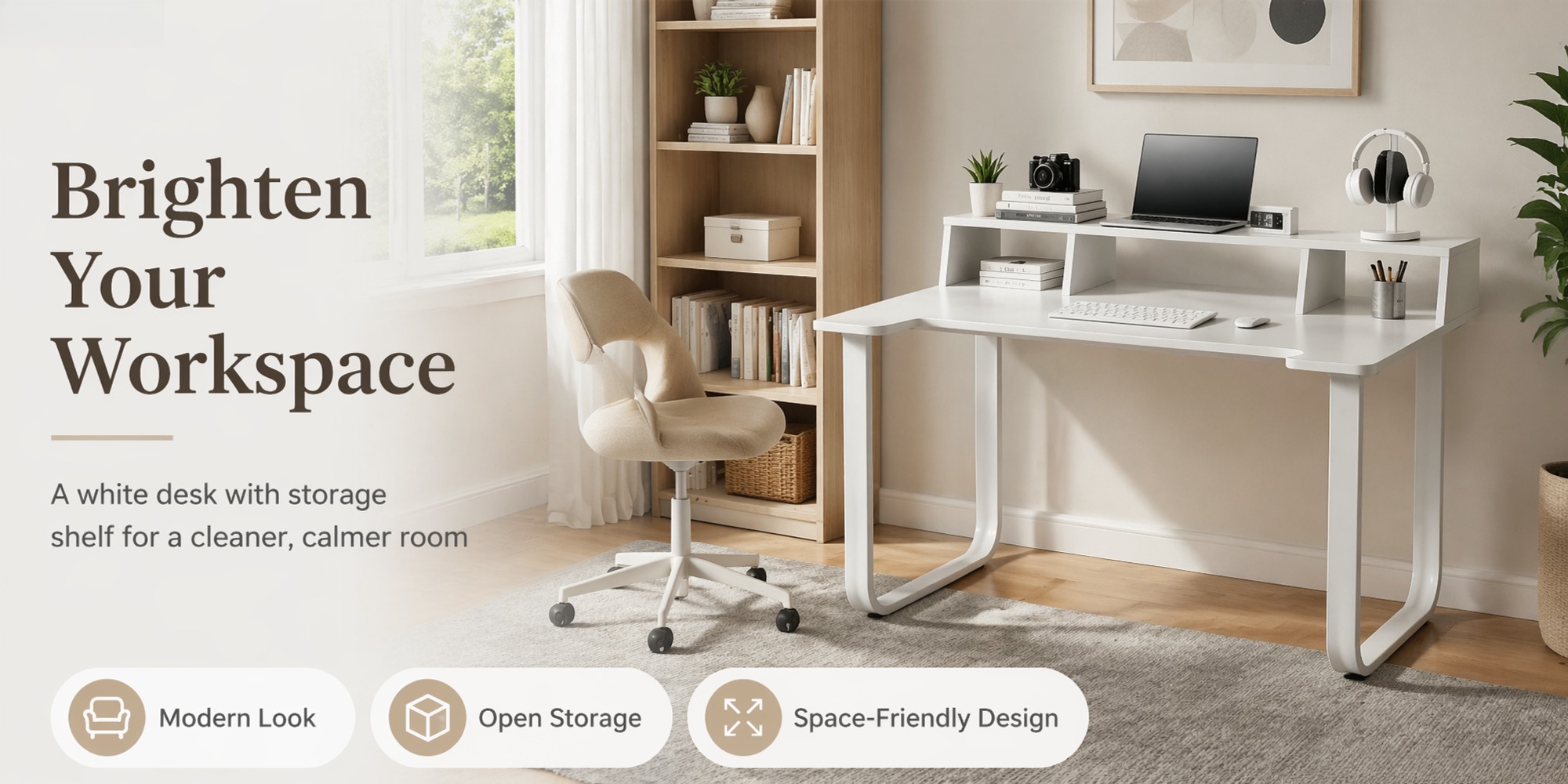 43' Computer Desk with Storage Shelf, Modern Writing Desk with Ergonomic Notch, Stable Steel Frame Workstation for Home Office, Study, Gaming, Quick Assembly, Supports 165 LBS