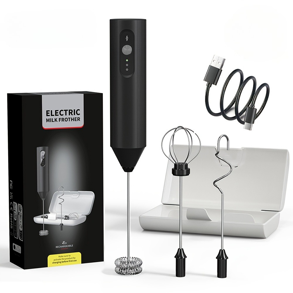 Image of Rechargeable Electric Milk Frother Kit, With 3 Interchangeable Whisks, With Storage Box, 3 Adjustable, Handheld Foam Maker Coffee Blender For Latte, Cappuccino, Hot Chocolate, Egg And More
