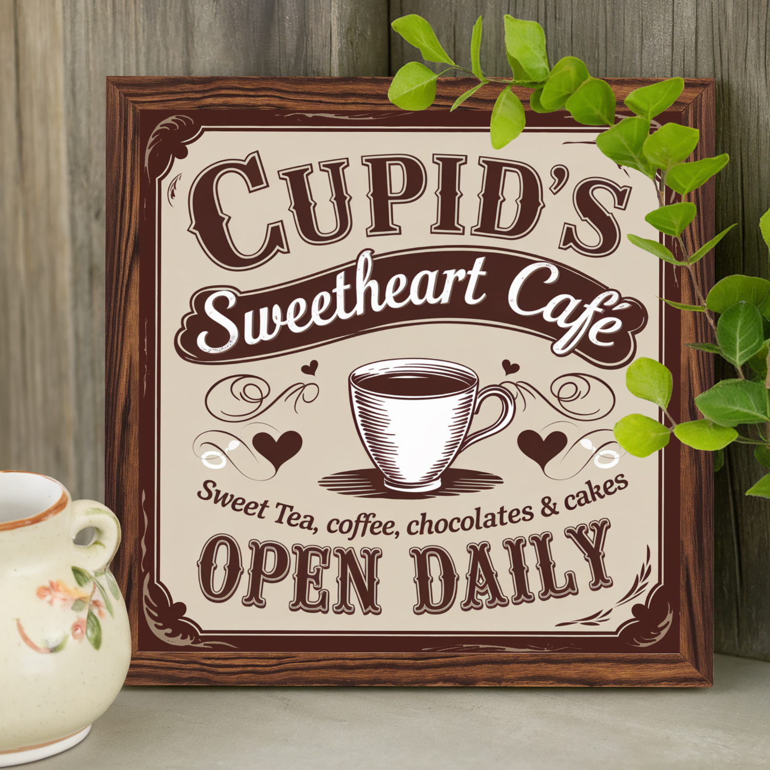 

1pc Cupid's Cafe Open Daily 8x8" Wood Sign - Vintage-inspired Valentine's Day Decor With Illustrations, Perfect Romantic Gift For Your , Indoor Wall Hanging Art, Coffee Bar Decor