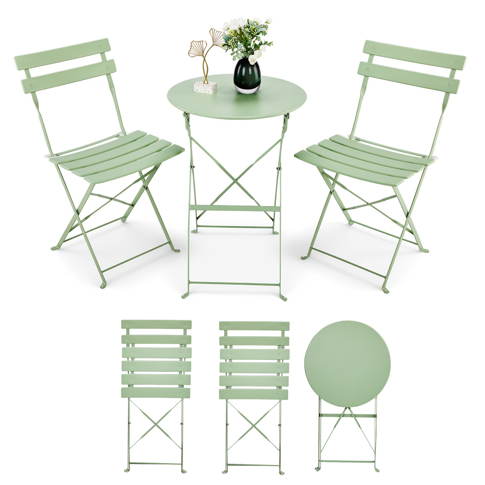 Table And Chair Set, 1 Warm Green Folding Table+2 Chairs, Courtyard Balcony, Coffee , Easy To Clean