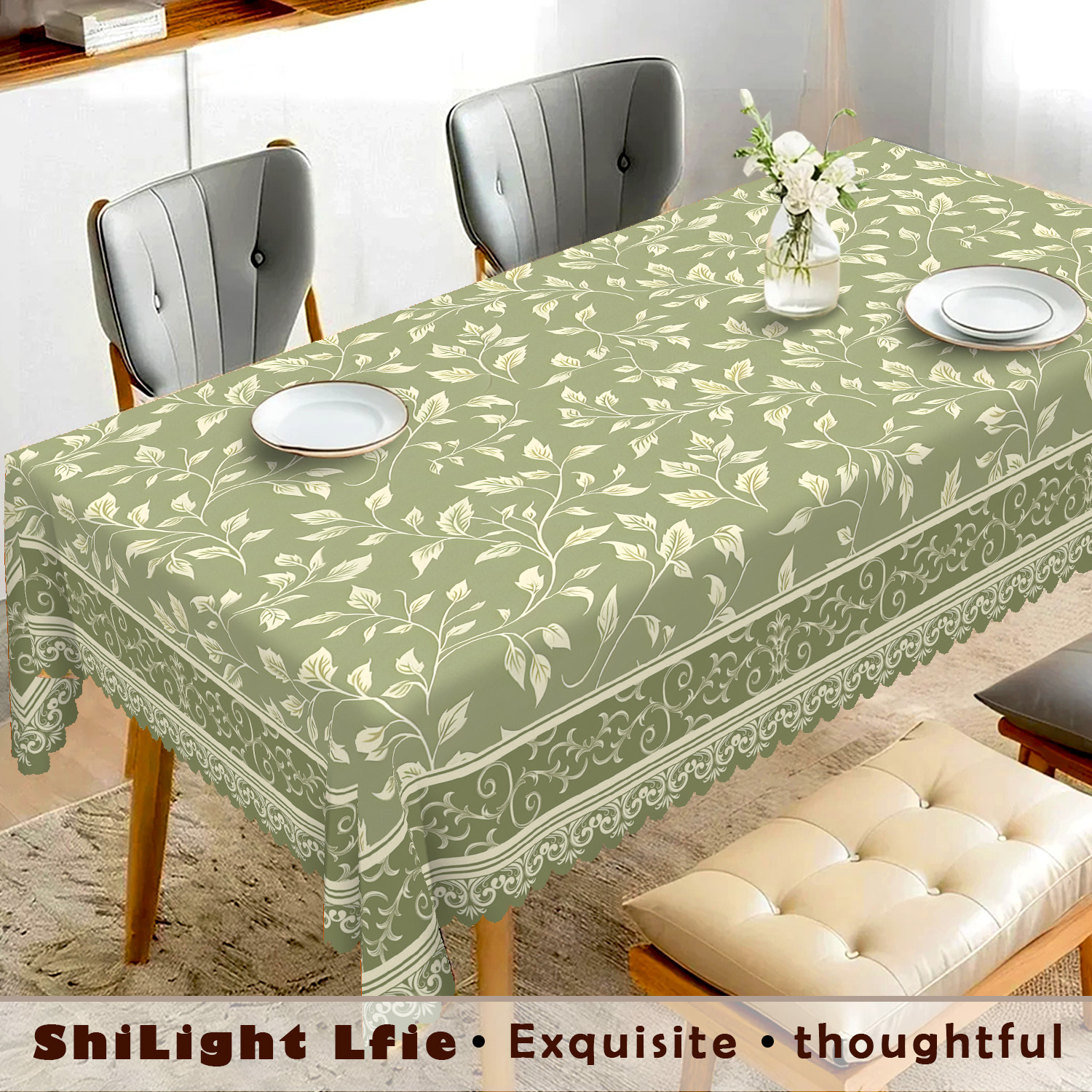 TEMU 1pc Nordic Style Tablecloth, Light Green Background, White Branches And Leaves Decoration, Decor, Embossed Edges, Perfect For Dining Table,
