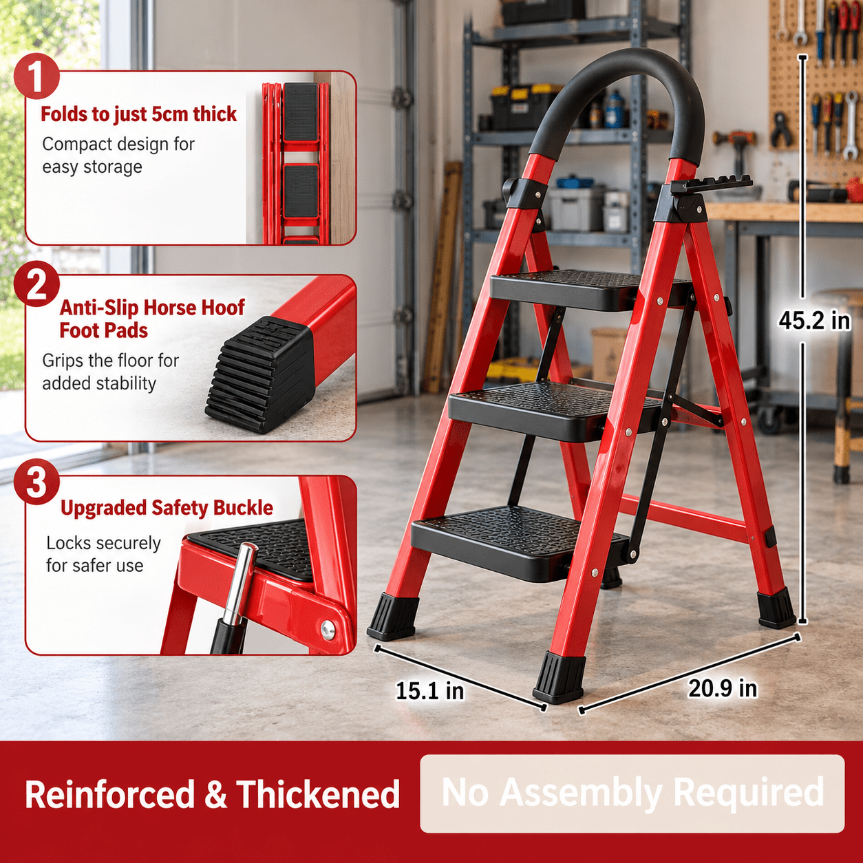 TEMU Escabeau pliant robuste 3/4/5 marches, capacité de 499 lb, échelle en acier portable avec larges marches antidérapantes et rampe d'escalier,