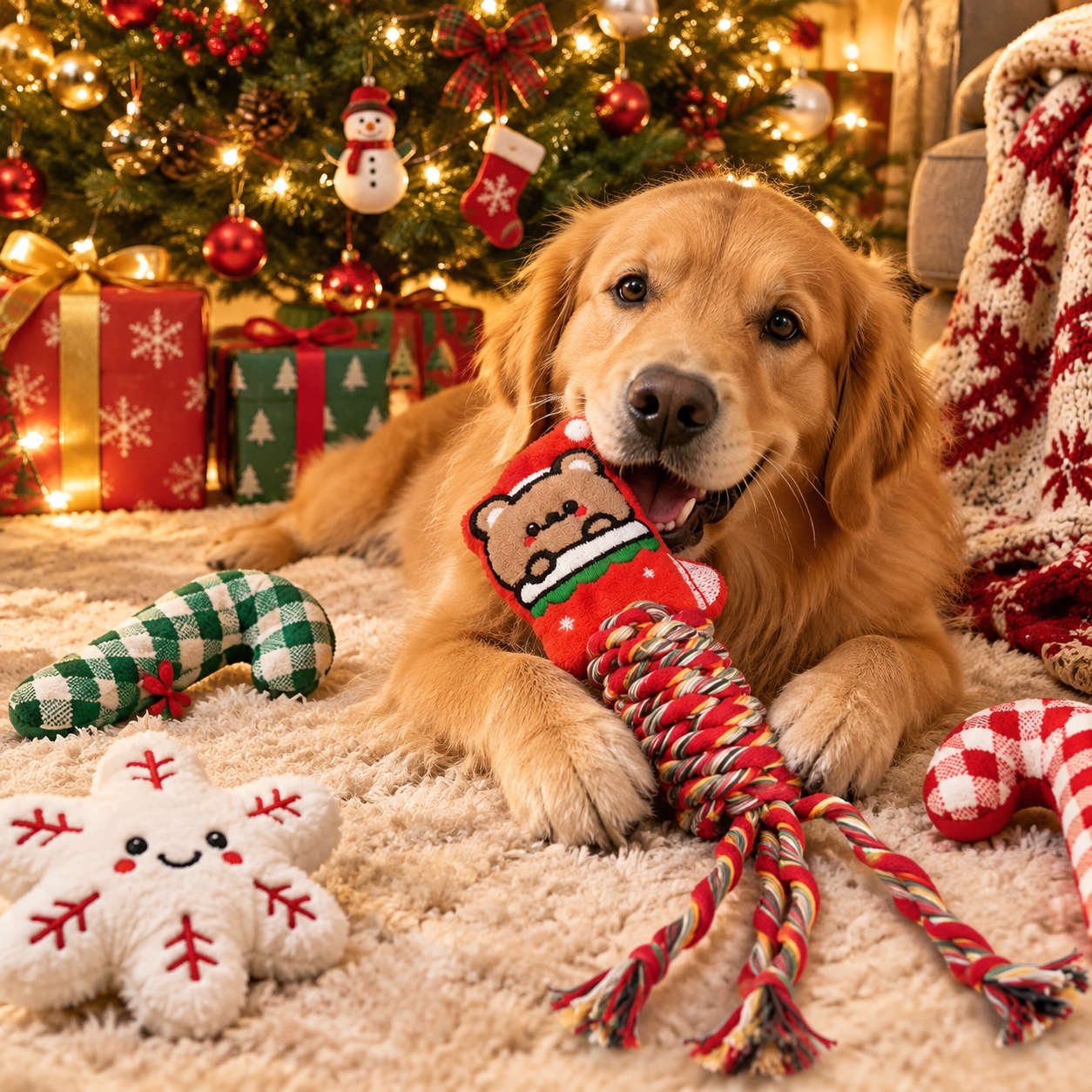 TEMU Christmas Squeaky Stocking With Bear And Dog Knot Chew Toy, Colorful Braided Rope Body With Plush Squeaky Stocking Bear Head And Long Tassels,