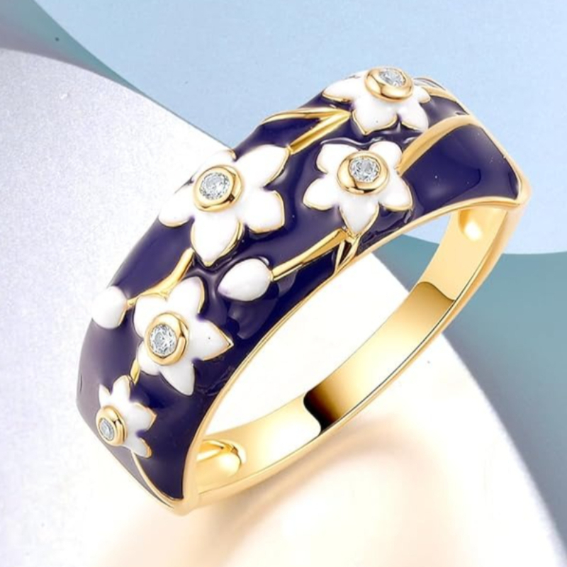 TEMU 1pc Women's Fashion Ring Vintage Elegant Inlay Zirconia Blue White Enamel Flower Ring For Women Party Casual Vacation Bohemian