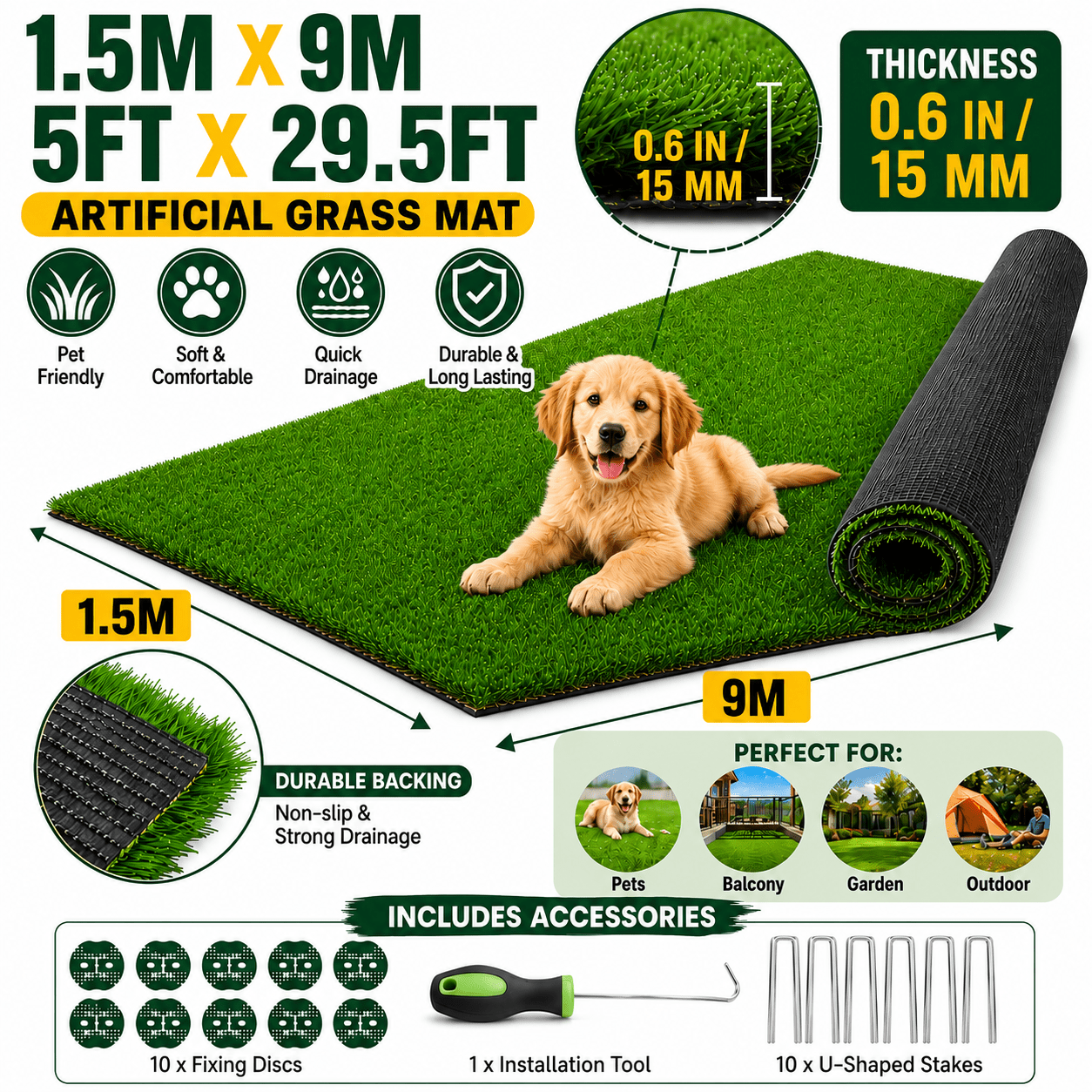 TEMU Tapis de gazon synthétique 1,5x9m (5x29,5ft), couverture totale de 147,5 pi², hauteur de poils 0,6 (15mm), dos en caoutchouc, à l', découpable,