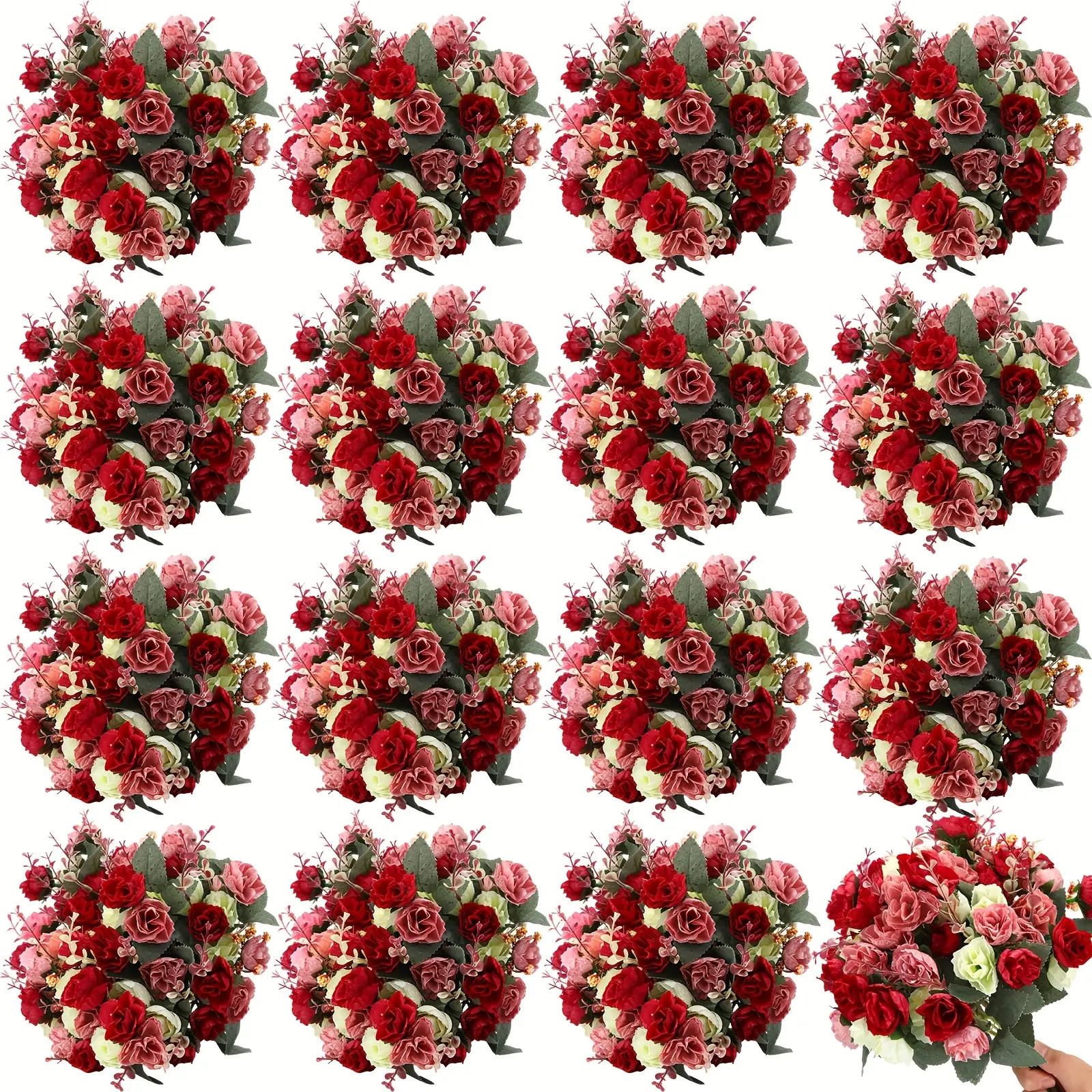 TEMU 8 Stems Artificial Rose Bouquet With 21 Realistic Flowers - Red, White, & Green Foliage In Vase, Lifelike Durable Plastic Roses For Wedding,