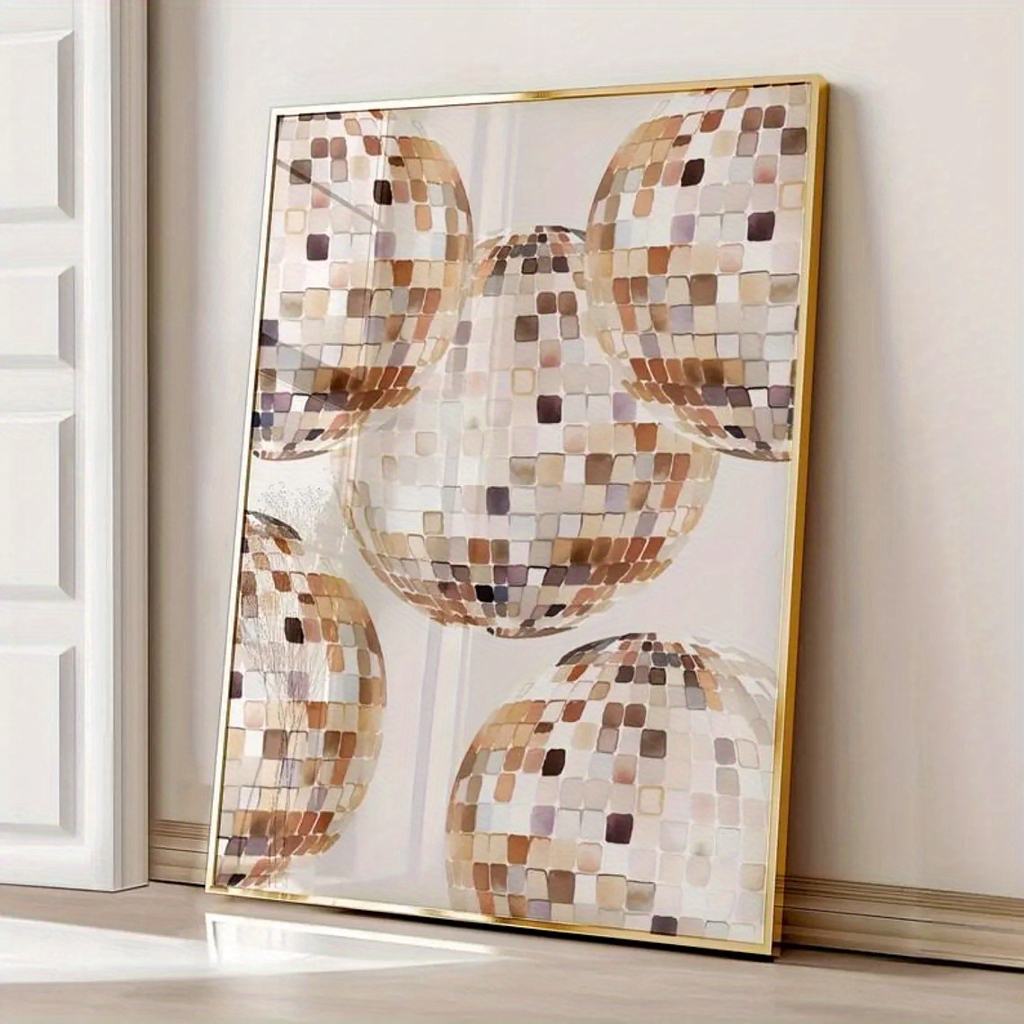 E-shop 2D Flach, 2D Flach, . Wanddekoration, ein stilvolles Poster mit einer beigen Disco-Kugel, ein funktes Leinwandgemälde, das den Glitzerball-Trend