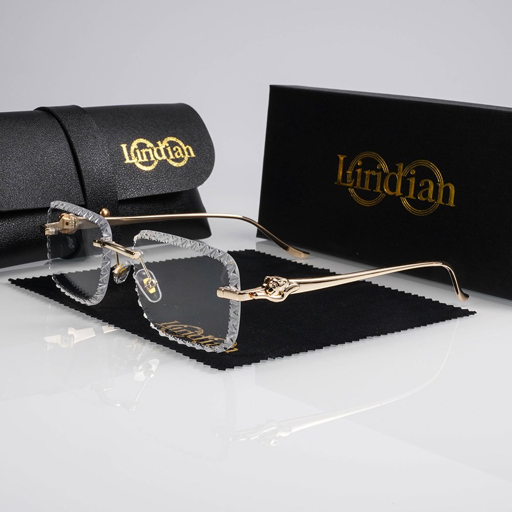 TEMU Estuche y de gafas de marca LIridian, estilo europeo y americano, gafas de metal biselado sin montura con lentes lisos para , mismo estilo que