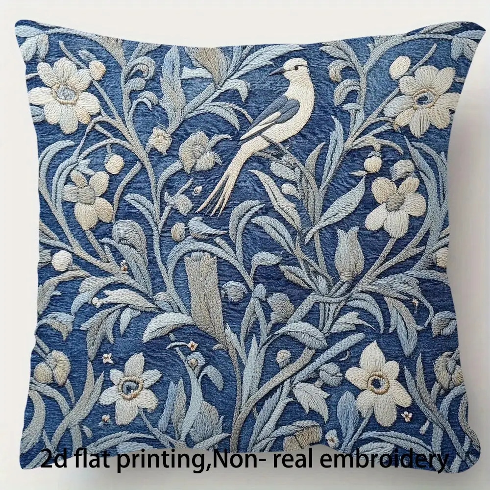 TEMU 2d Flat Printing 1pc Elegant Navy & Floral Decorative Pillowcase - Double-sided Zipper Closure, Machine Washable Cover With Zipper Closure,