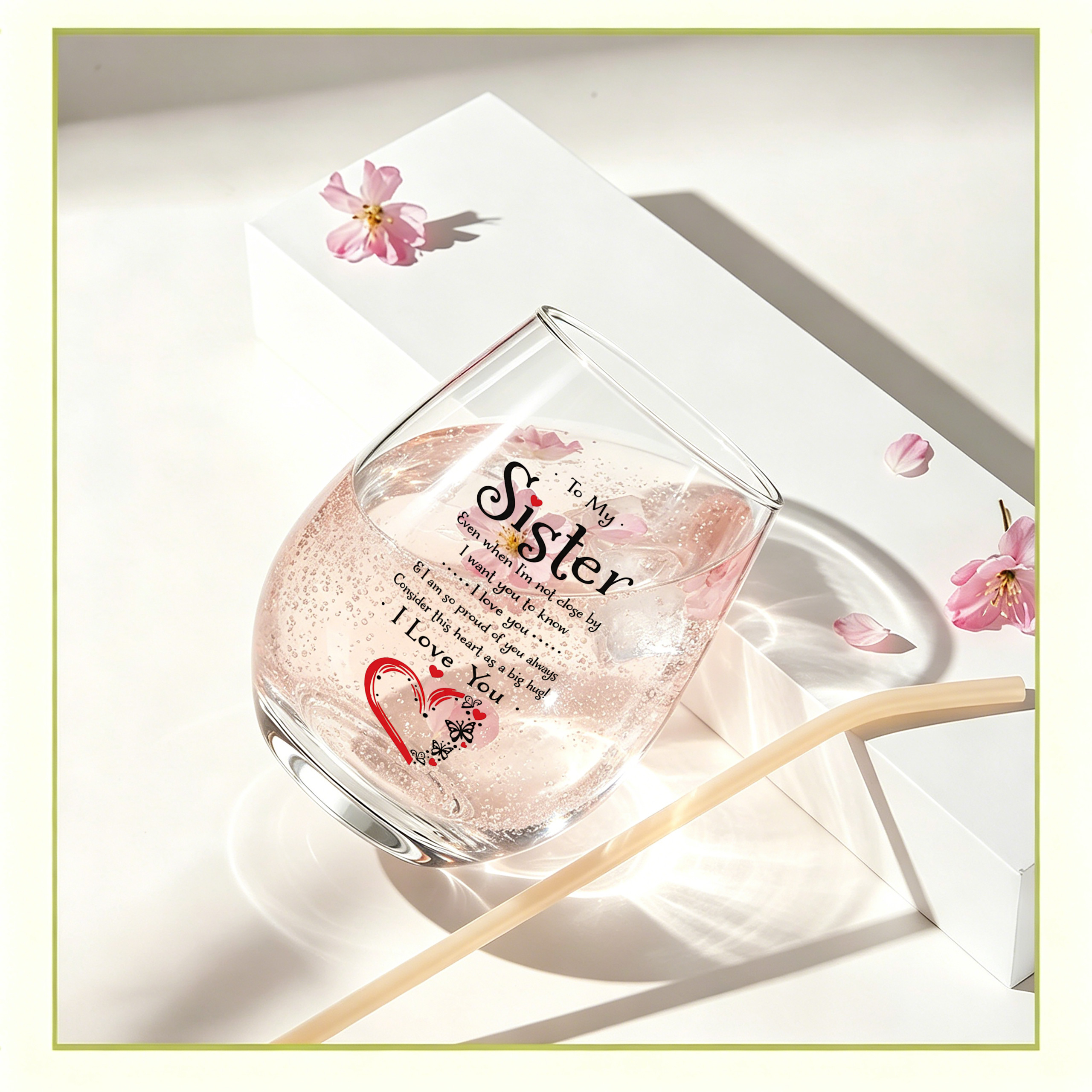 TEMU 1pc/sister Love Heart Letter Text Print, 350ml/clear Tumbler, Stemless Wine Glass, Egg-shaped Glass Cup, Champagne And Whiskey Cup,