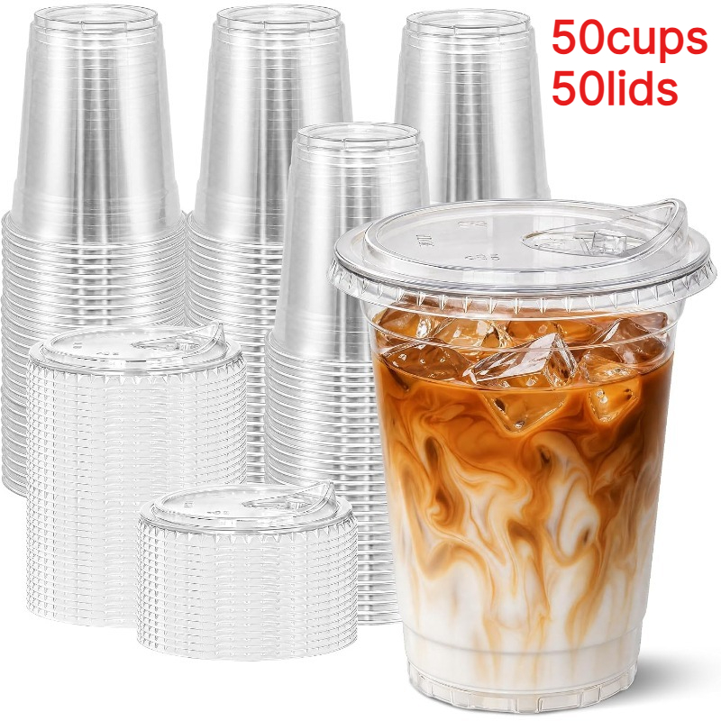 TEMU A Set Of 100pcs (50 Cups And 50 Lids) Of 16 Oz Plastic Party Cups With Lids, Made From -grade Materials, Perfect For Iced, Iced Tea, Smoothies,