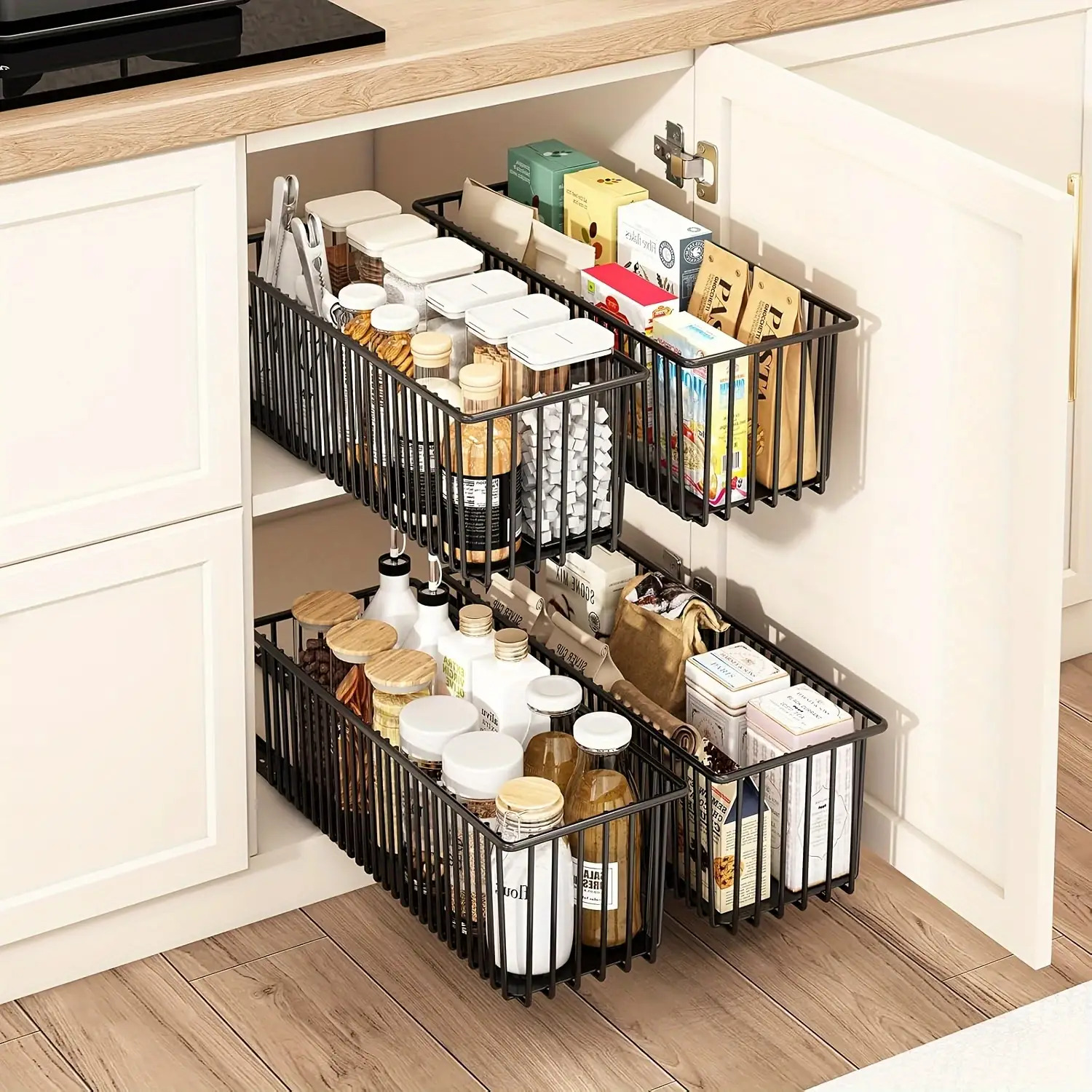 2 Stck Ausziehbare Schrank-Aufbewahrungskrbe, Schwarze Metallschublade *  fr Kche Bad, Splenregal-Design mit Mehreren Fchern zur Aufbewahrung von  Gewrzen, Glsern Flaschen, Minimalistisches ...