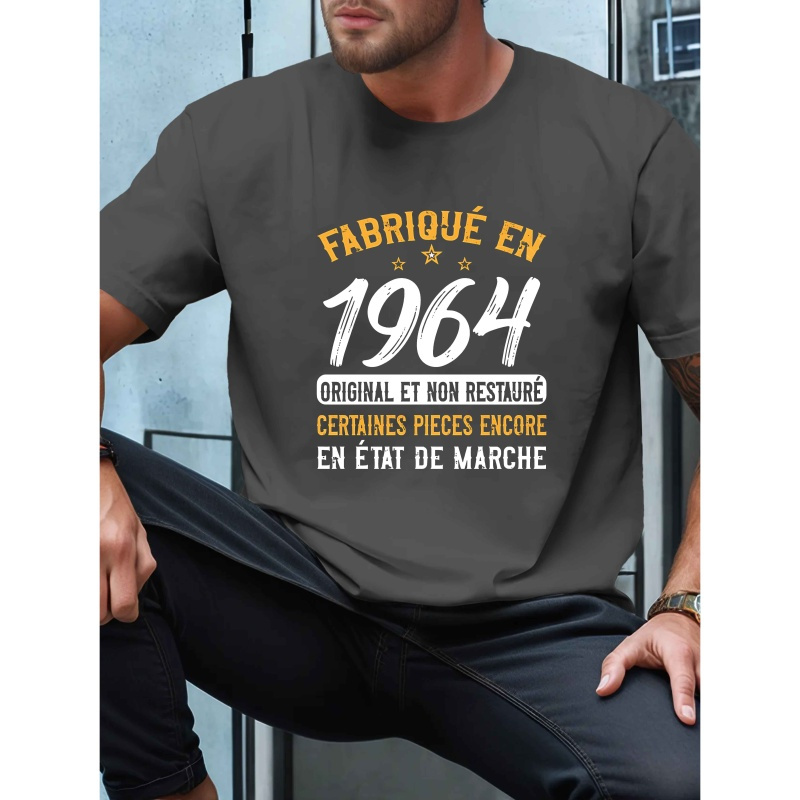 

T-shirt décontracté à slogan français pour hommes, haut à col rond en polyester tricoté original 1964, t-shirt d'été coupe régulière avec motif géométrique, légère extensibilité, 150 g/m² - Blanc