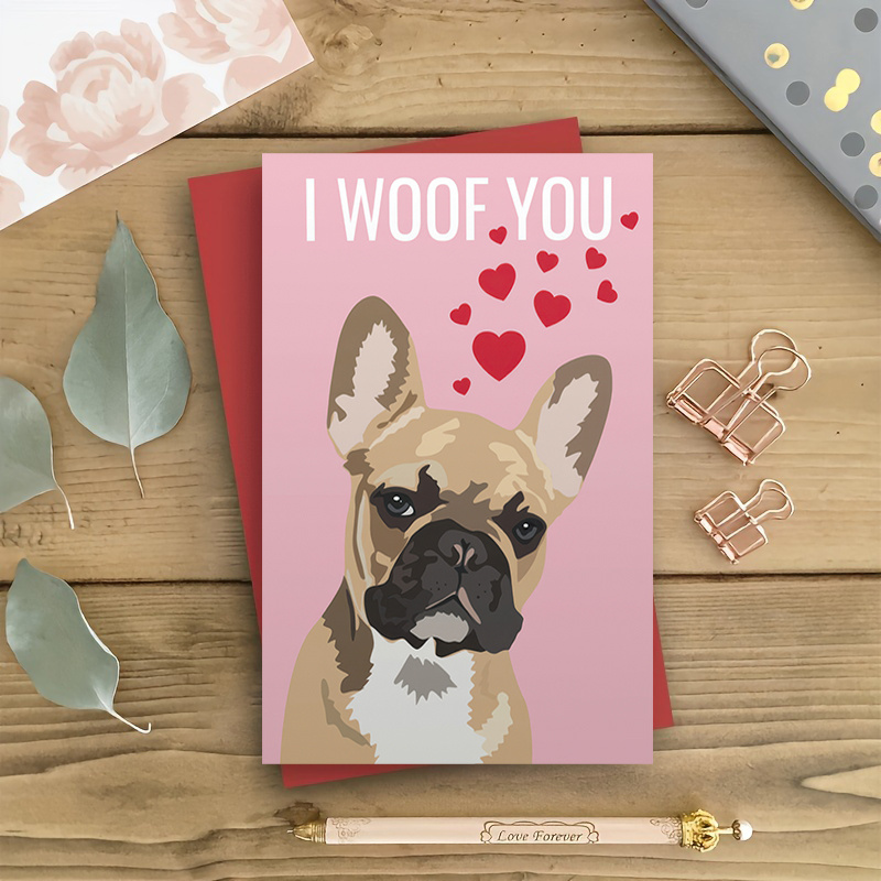 

Valentine's Day Card With French Bulldog , Tan Fur And Black , Pink Background - Perfect Gift For , Around Its Eyes, Nose, And Ears, Gift Cards