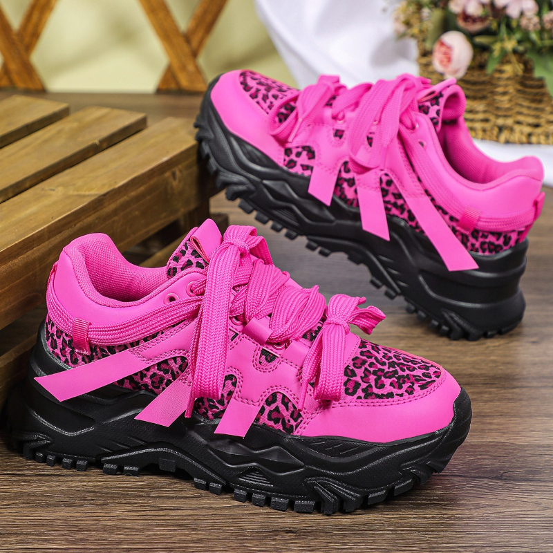 TEMU Women's Retro Leopard Print Sneakers - Upper & Sole Low-top Lace-up Cushioned Soft Sole Suitable For Gym, Tennis, Dance, Casual Wear - -season