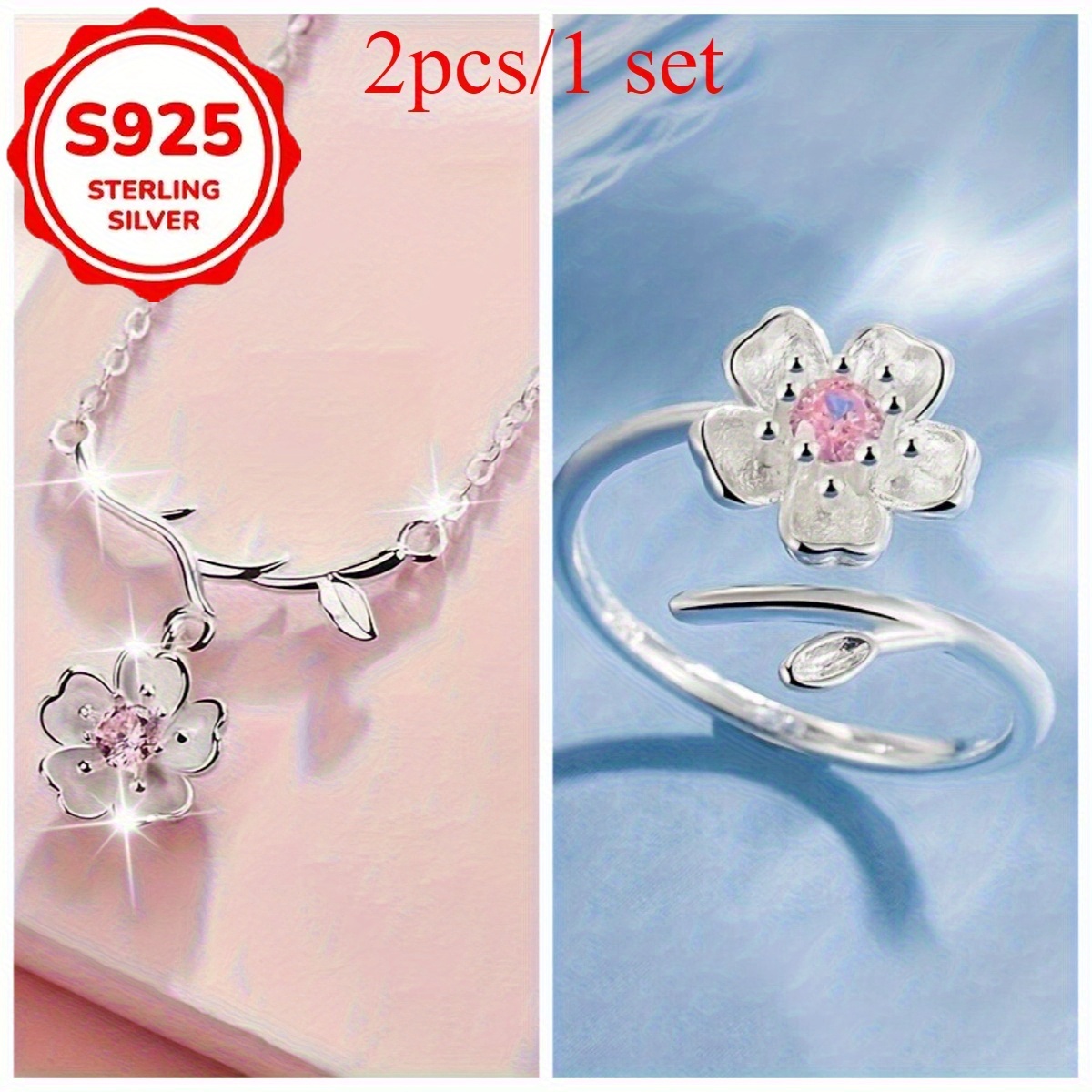 TEMU S925 Silver 2pcs Women's Cherry Necklace Ring, Exquisite High-end Collarbone Chain, Women's Jewelry, Suitable For Couples, , Daily Gifts,