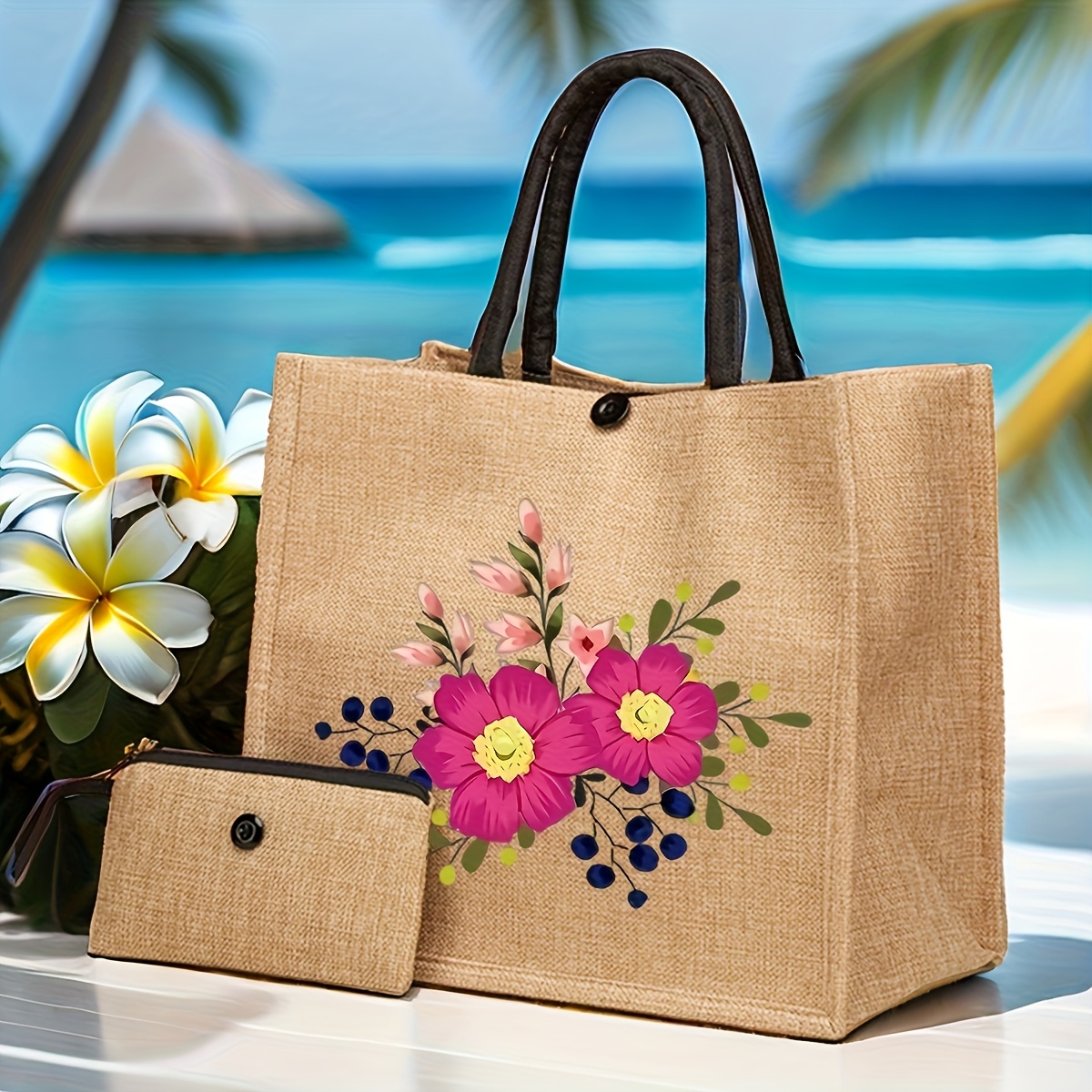 TEMU Stylish Women's Jute Floral Pattern Set - S, Large Capacity, Fashionable Shoulder Handbag With Coin Purse - Suitable For Weddings, Shopping, And