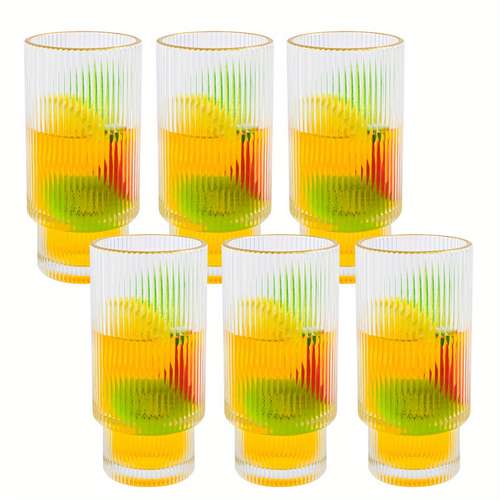 6 Pack Ribbed Drinking Glasses - 16 Oz Vintage Highball Glasses For Cocktails & Iced Coffee